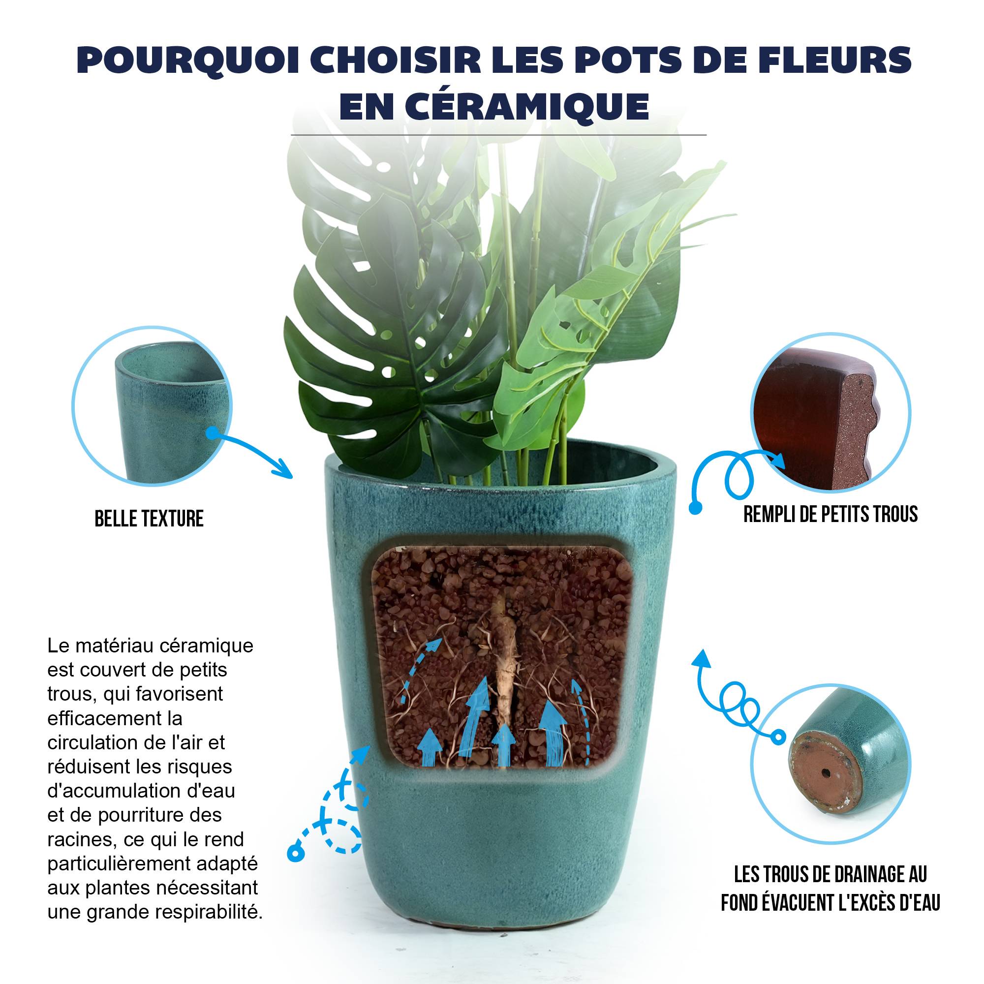 ComfortXL - Grand pot de fleurs en céramique turquoise Ø38,5 x H49,5 cm intérieur terrasse drainage - ComfortXL Outdoor Living - Image 5