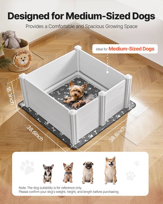 VEVOR Parc mise bas chien, 98x98x46 cm, PVC, porte hauteur réglable. - Image 2