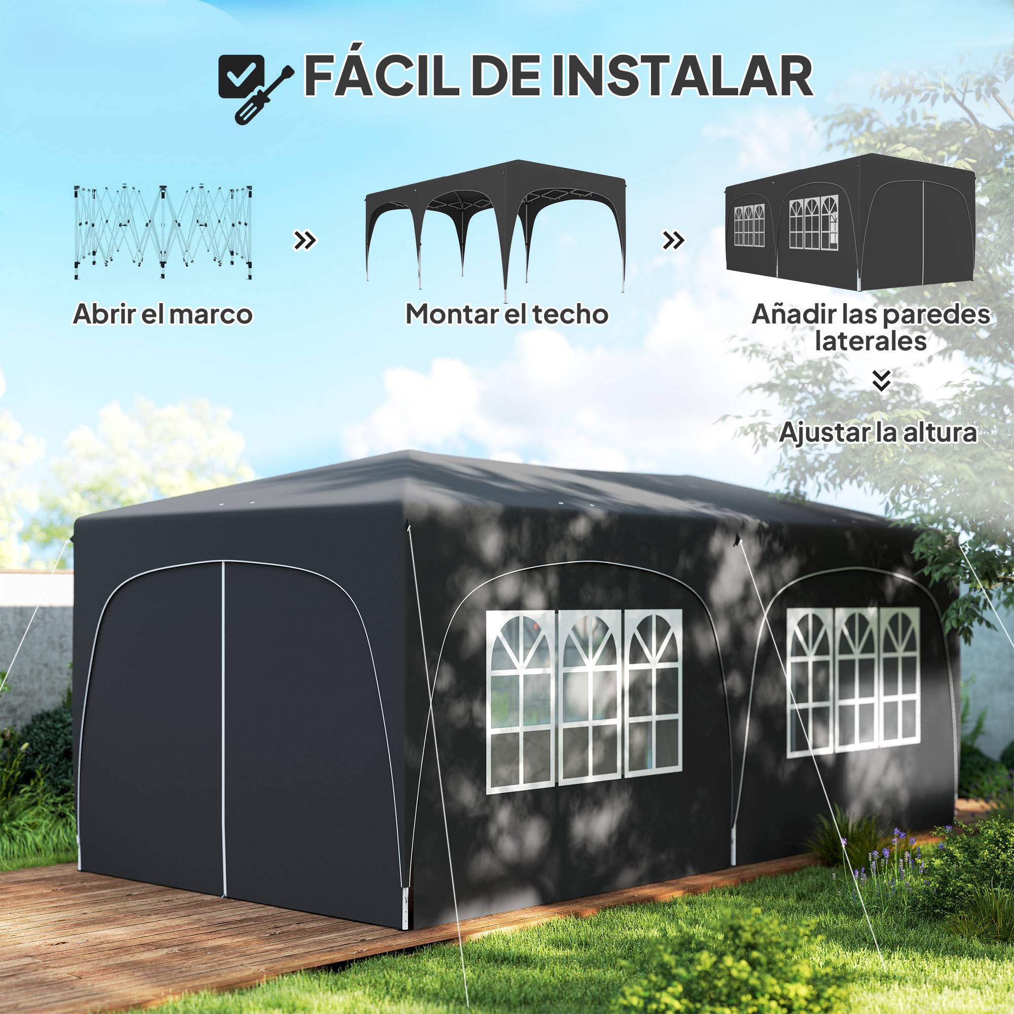 Tonnelle pliante 6 x 3 m avec panneaux latéraux, protection solaire UPF50+, hauteur réglable, sac de transport, gris foncé - Image 6