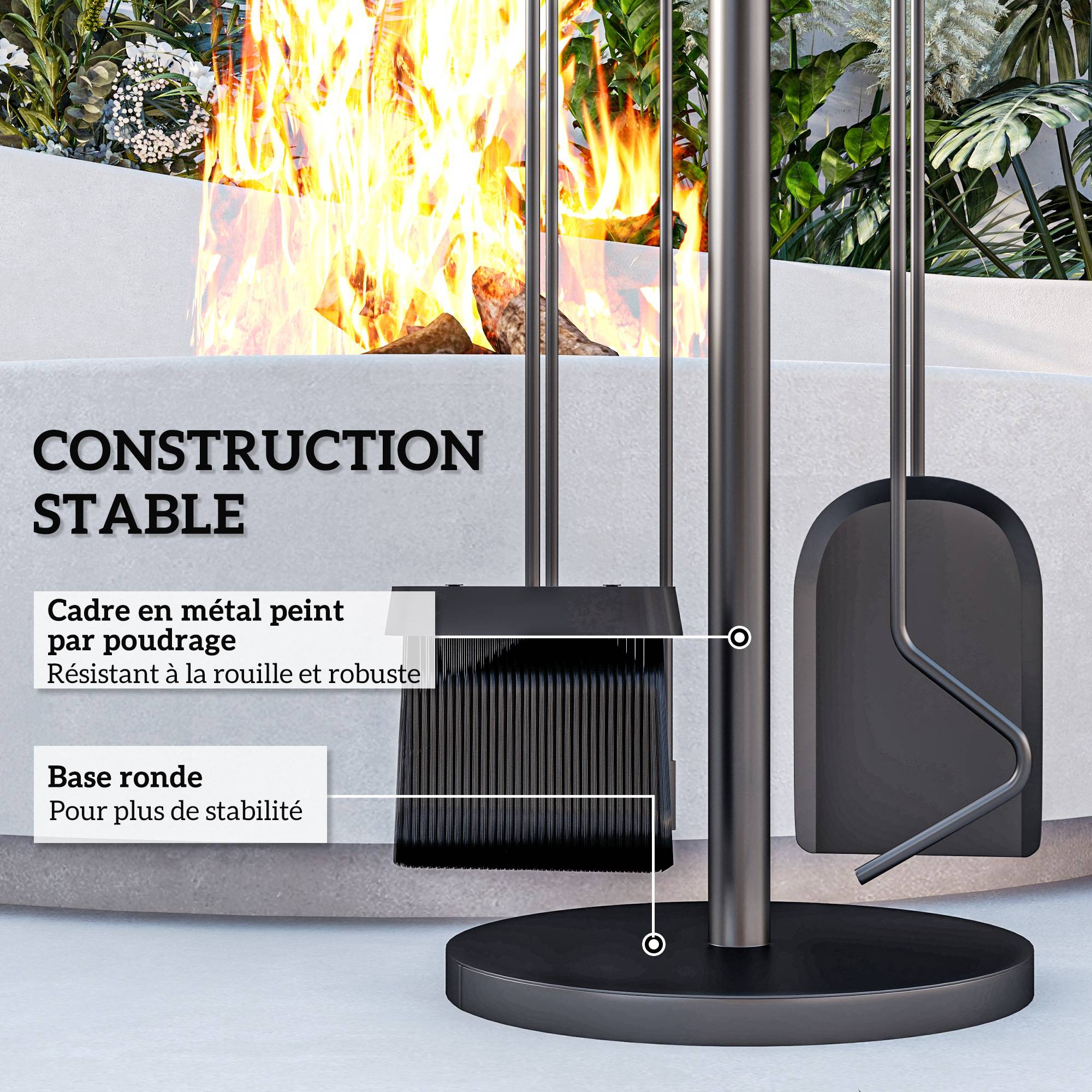 ComfortXL - Serviteur de cheminée 5 pièces en métal noir avec support rond Ø 25 cm pour entretien du foyer et rangement - Image 5