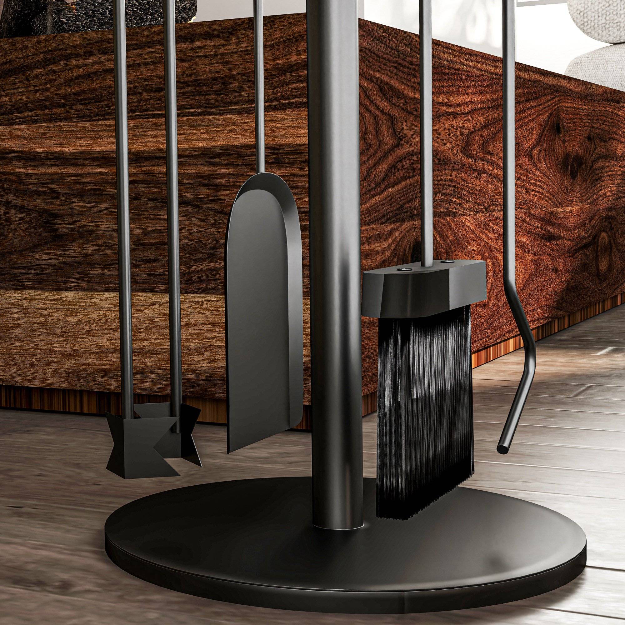 ComfortXL - Serviteur de cheminée 5 pièces en métal noir avec support rond Ø 25 cm pour entretien du foyer et rangement - Image 8