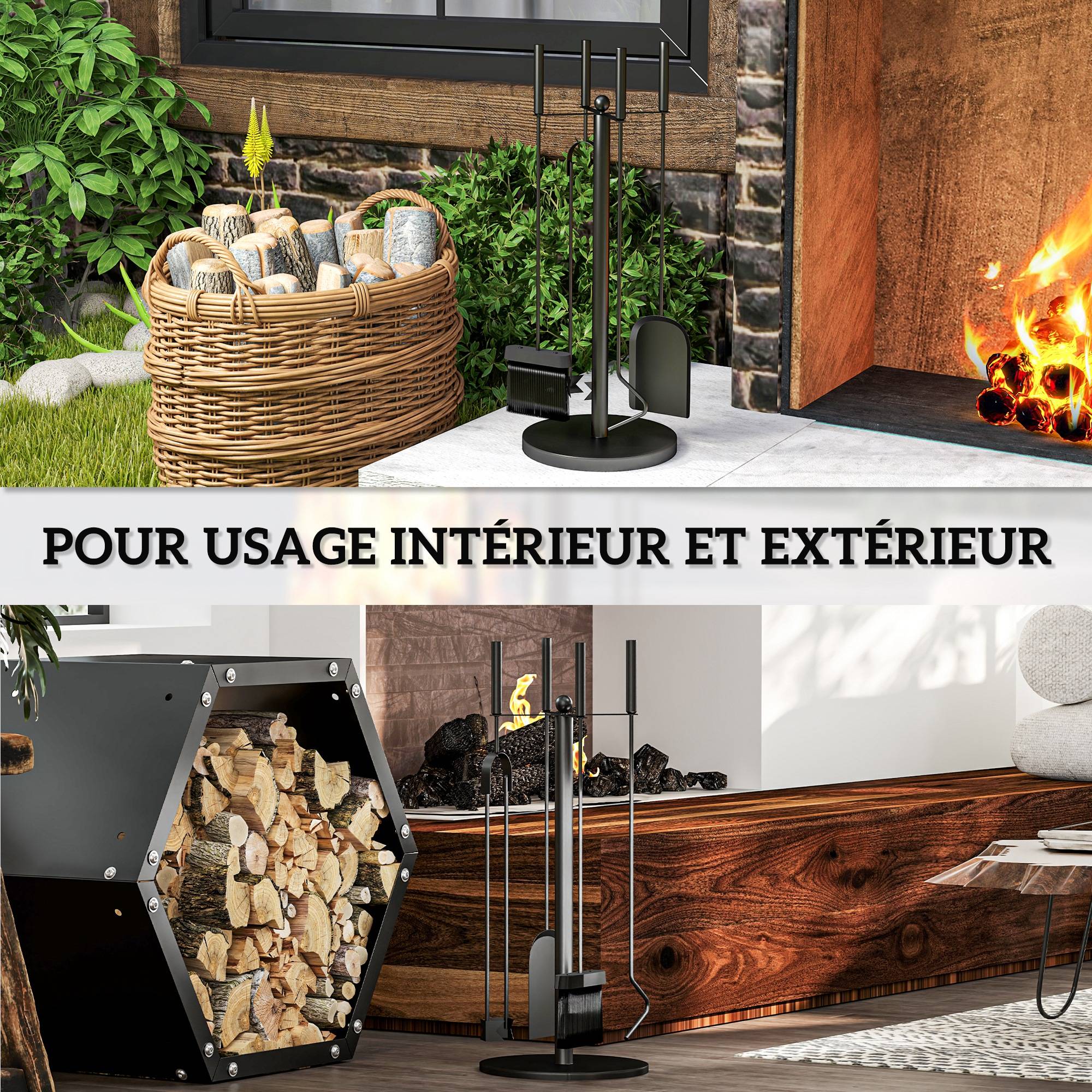 ComfortXL - Serviteur de cheminée 5 pièces en métal noir avec support rond Ø 25 cm pour entretien du foyer et rangement - Image 6