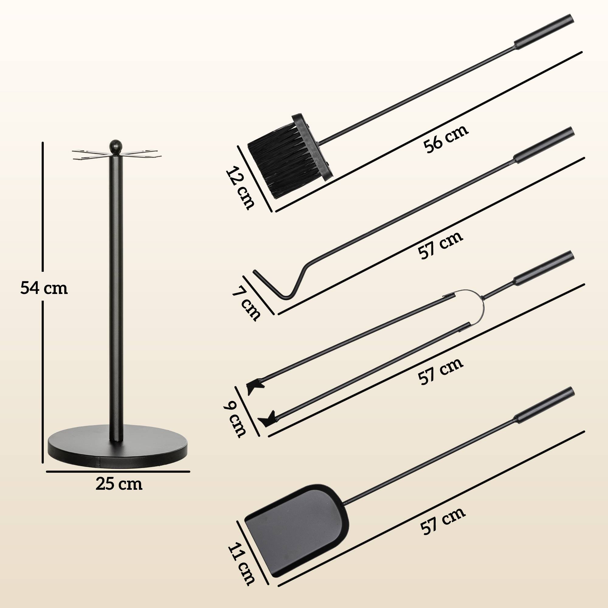 ComfortXL - Serviteur de cheminée 5 pièces en métal noir avec support rond Ø 25 cm pour entretien du foyer et rangement - Image 3