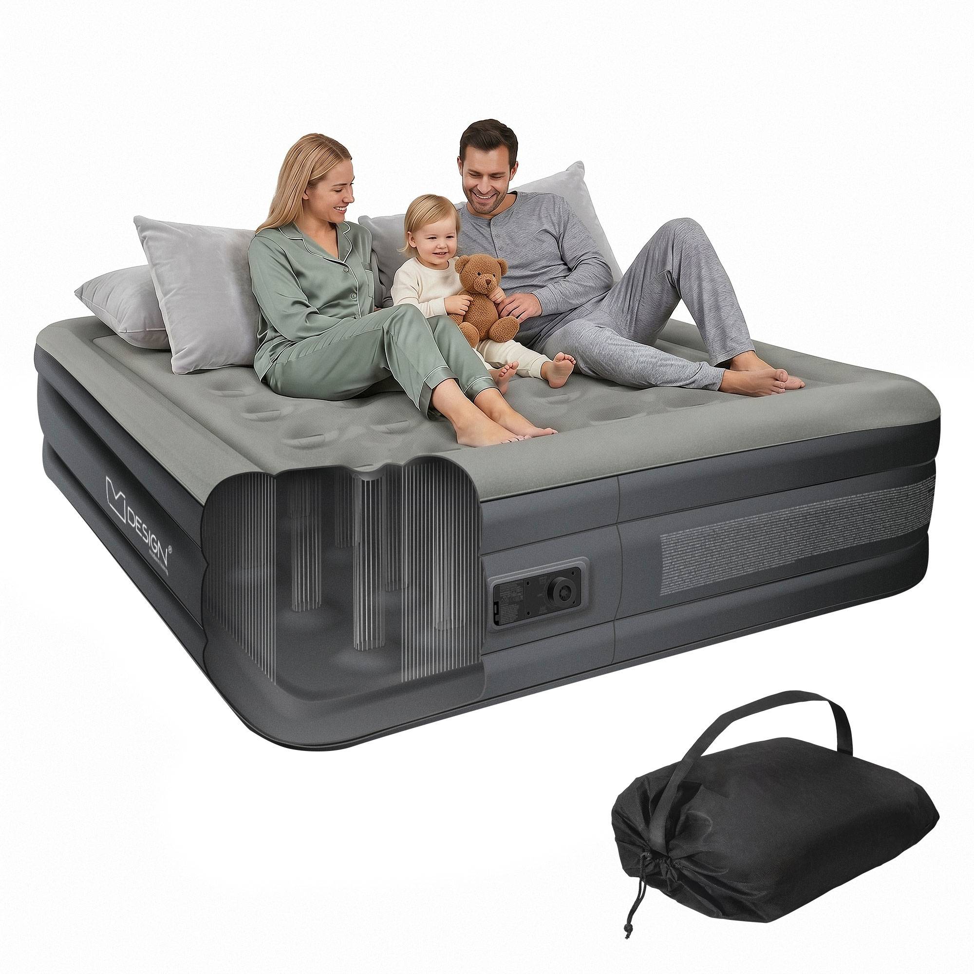 Matelas pneumatique 2 personnes 203 x 157 x 47 cm gris autogonflant avec pompe à air électrique et sac de transport imperméable fond antidérapant - Image 1