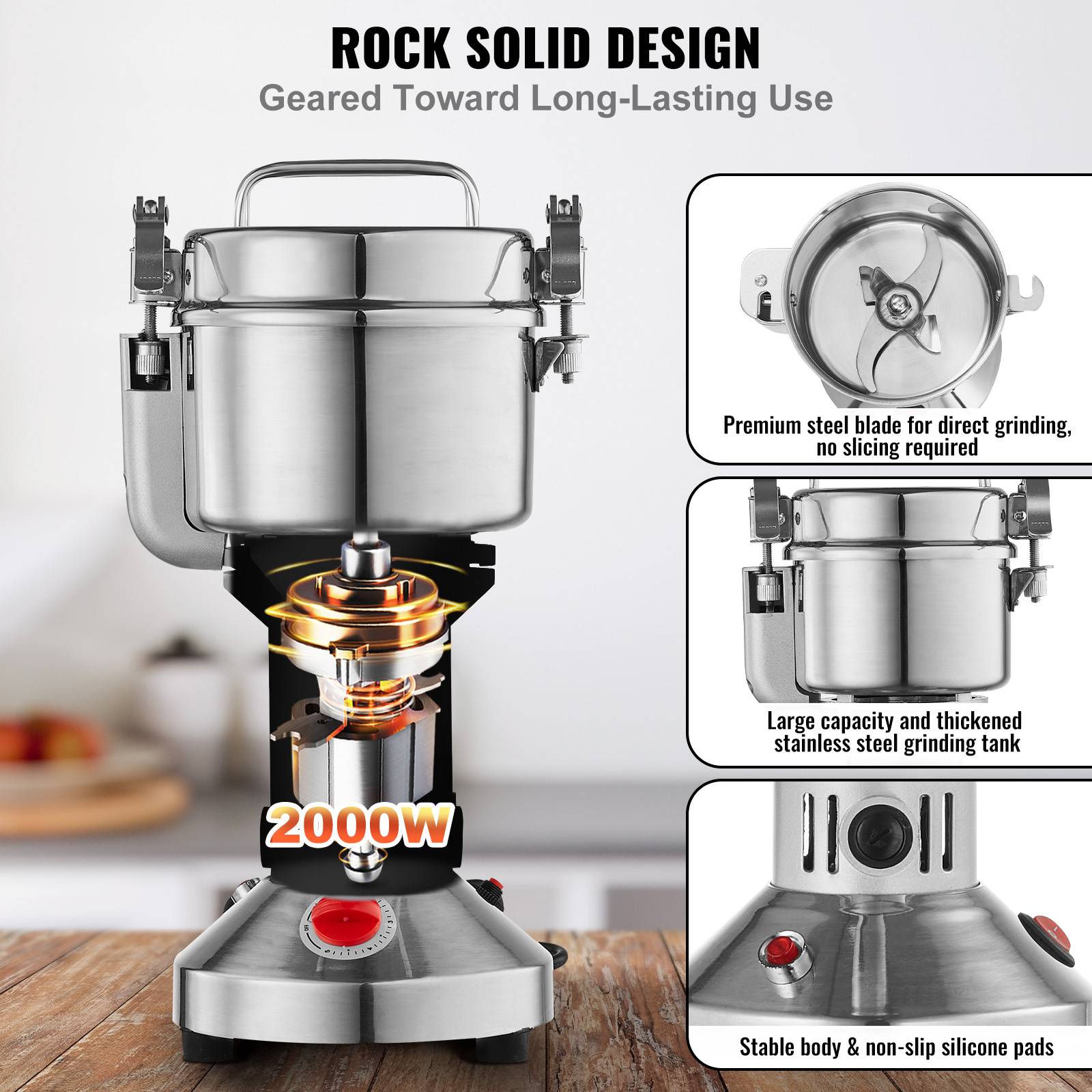 VEVOR Moulin à épices électrique 750g 2000W, inox, type droit, céréales, épices, herbes, poivres. - Image 3