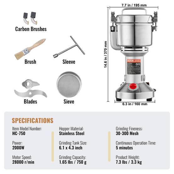 VEVOR Moulin à épices électrique 750g 2000W, inox, type droit, céréales, épices, herbes, poivres. - Image 7