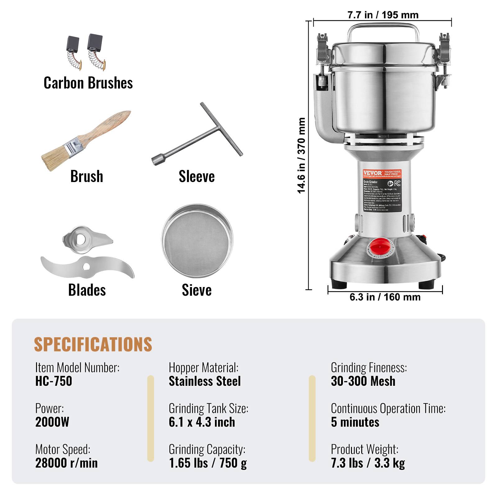 VEVOR Moulin à épices électrique 750g 2000W, inox, type droit, céréales, épices, herbes, poivres. - Image 7