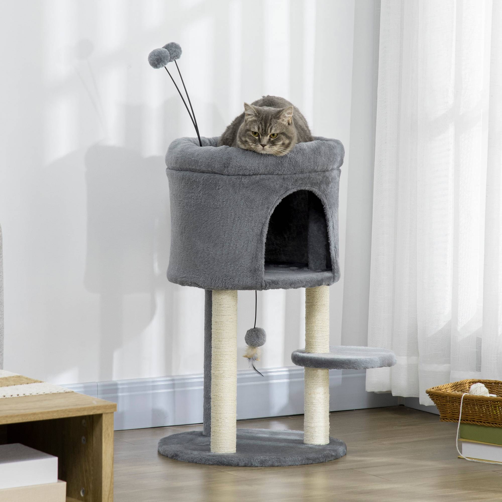 Pawhut - Arbre à chat 2 griffoirs sisal naturel niche plateforme panier observation jeu boules peluche gris - Image 2