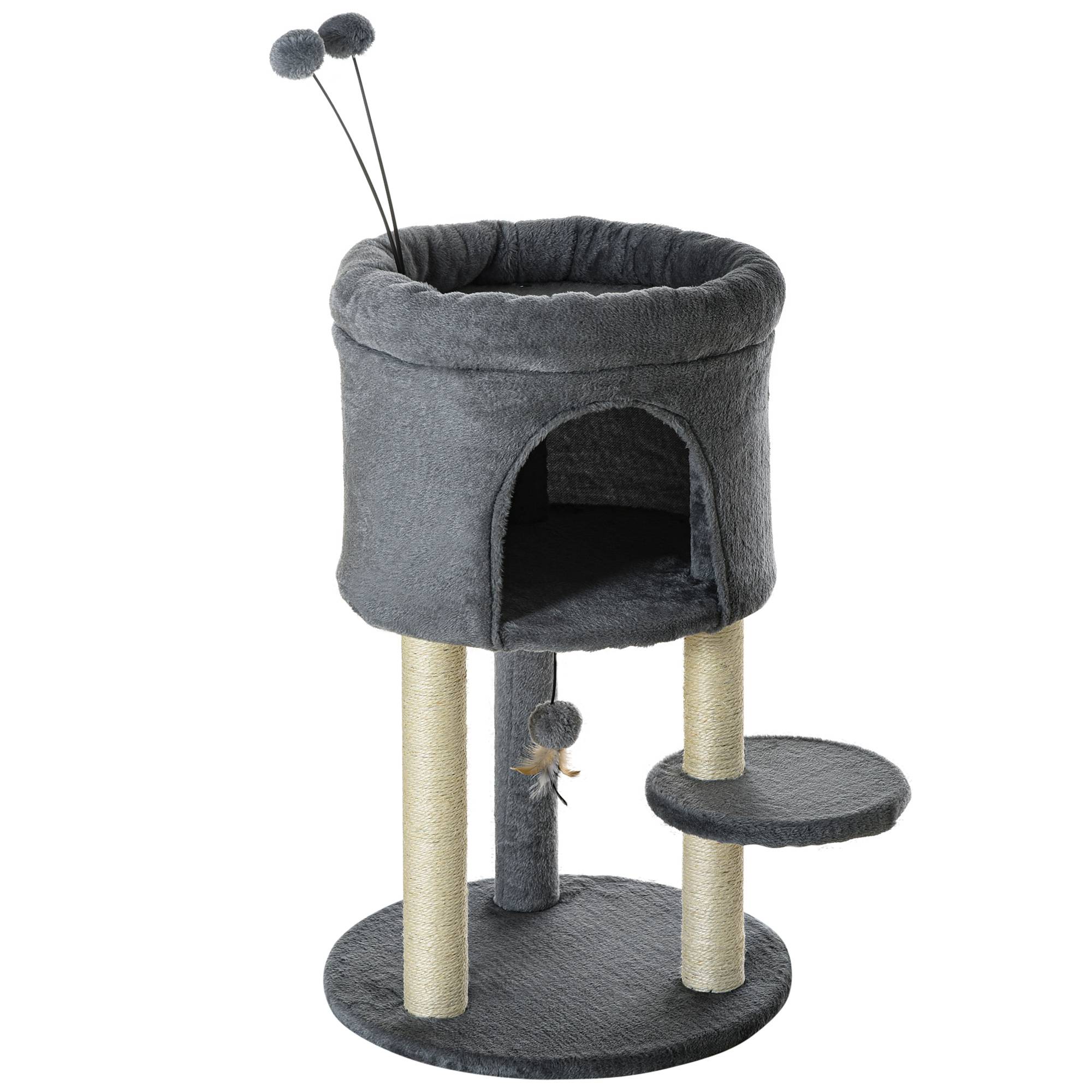 Pawhut - Arbre à chat 2 griffoirs sisal naturel niche plateforme panier observation jeu boules peluche gris - Image 1
