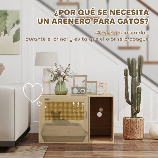 Meuble Litière pour Chat Style Bohème avec Porte en Rotin et Griffoir Finition Chêne 80x50cm - ComfortXL Outdoor Living - Image 7