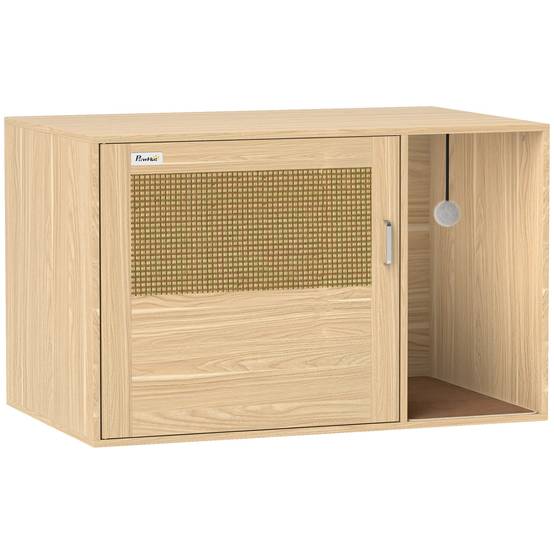 Meuble Litière pour Chat Style Bohème avec Porte en Rotin et Griffoir Finition Chêne 80x50cm - ComfortXL Outdoor Living - Image 2