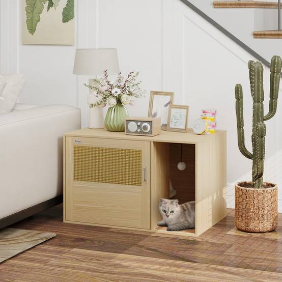 Meuble Litière pour Chat Style Bohème avec Porte en Rotin et Griffoir Finition Chêne 80x50cm - ComfortXL Outdoor Living - Image 4