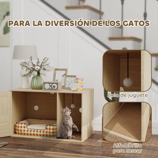 Meuble Litière pour Chat Style Bohème avec Porte en Rotin et Griffoir Finition Chêne 80x50cm - ComfortXL Outdoor Living - Image 9