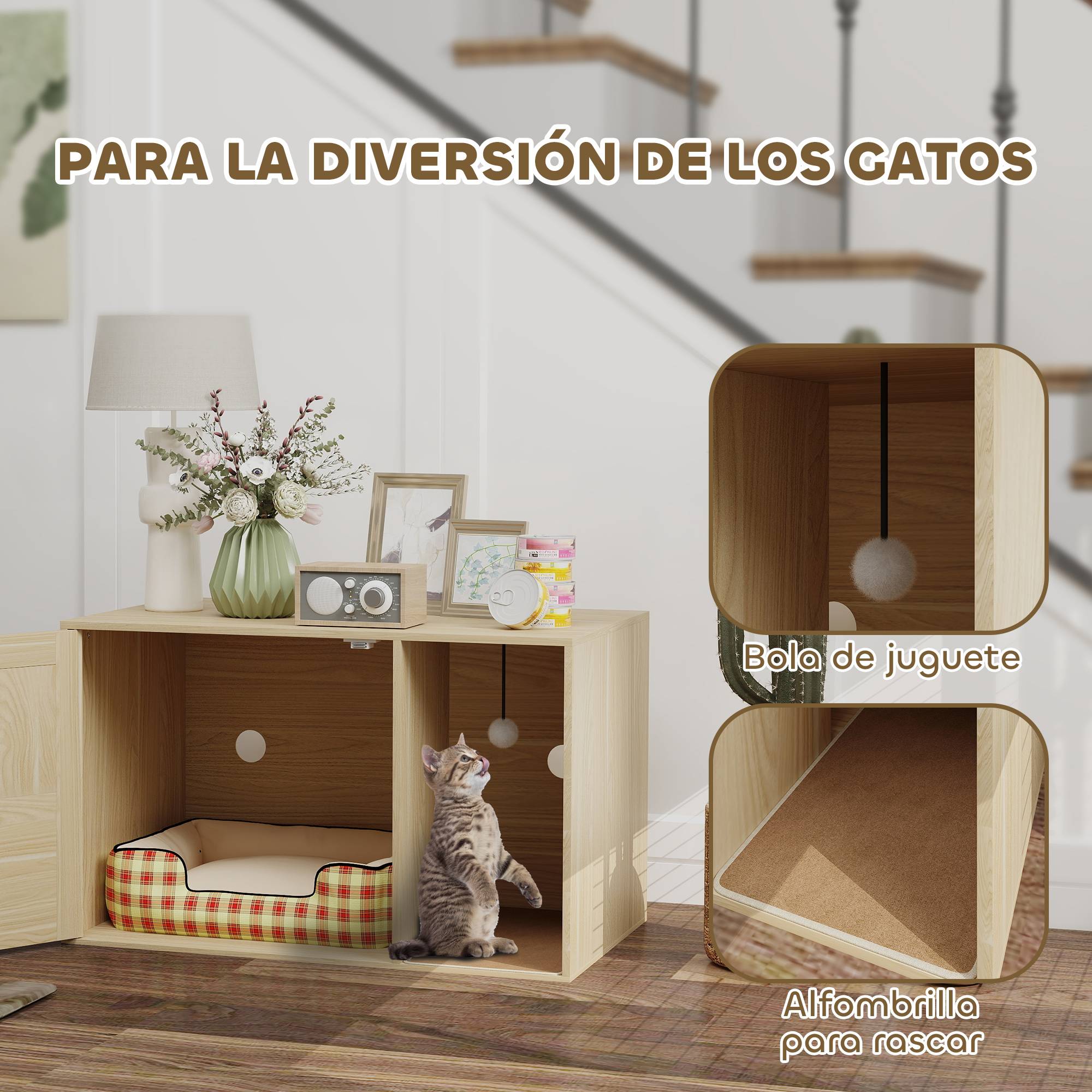 Meuble Litière pour Chat Style Bohème avec Porte en Rotin et Griffoir Finition Chêne 80x50cm - ComfortXL Outdoor Living - Image 9