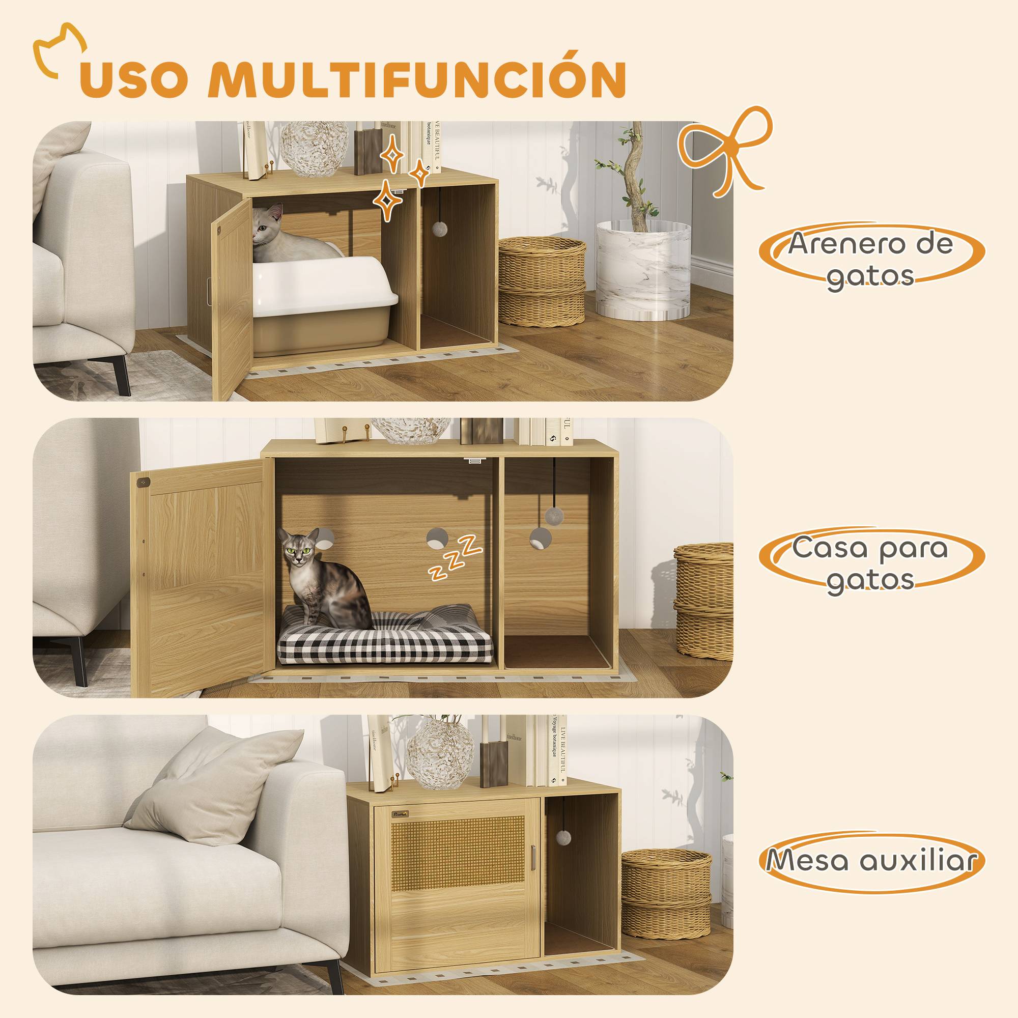 Meuble Litière pour Chat Style Bohème avec Porte en Rotin et Griffoir Finition Chêne 80x50cm - ComfortXL Outdoor Living - Image 6