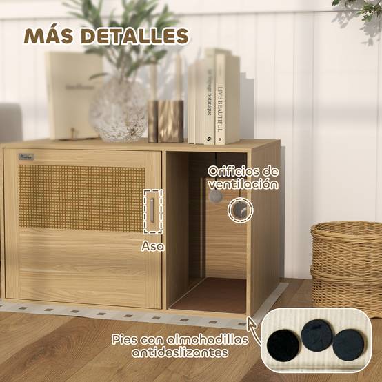 Meuble Litière pour Chat Style Bohème avec Porte en Rotin et Griffoir Finition Chêne 80x50cm - ComfortXL Outdoor Living - Image 10