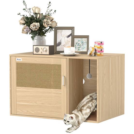 Meuble Litière pour Chat Style Bohème avec Porte en Rotin et Griffoir Finition Chêne 80x50cm - ComfortXL Outdoor Living - Image 1