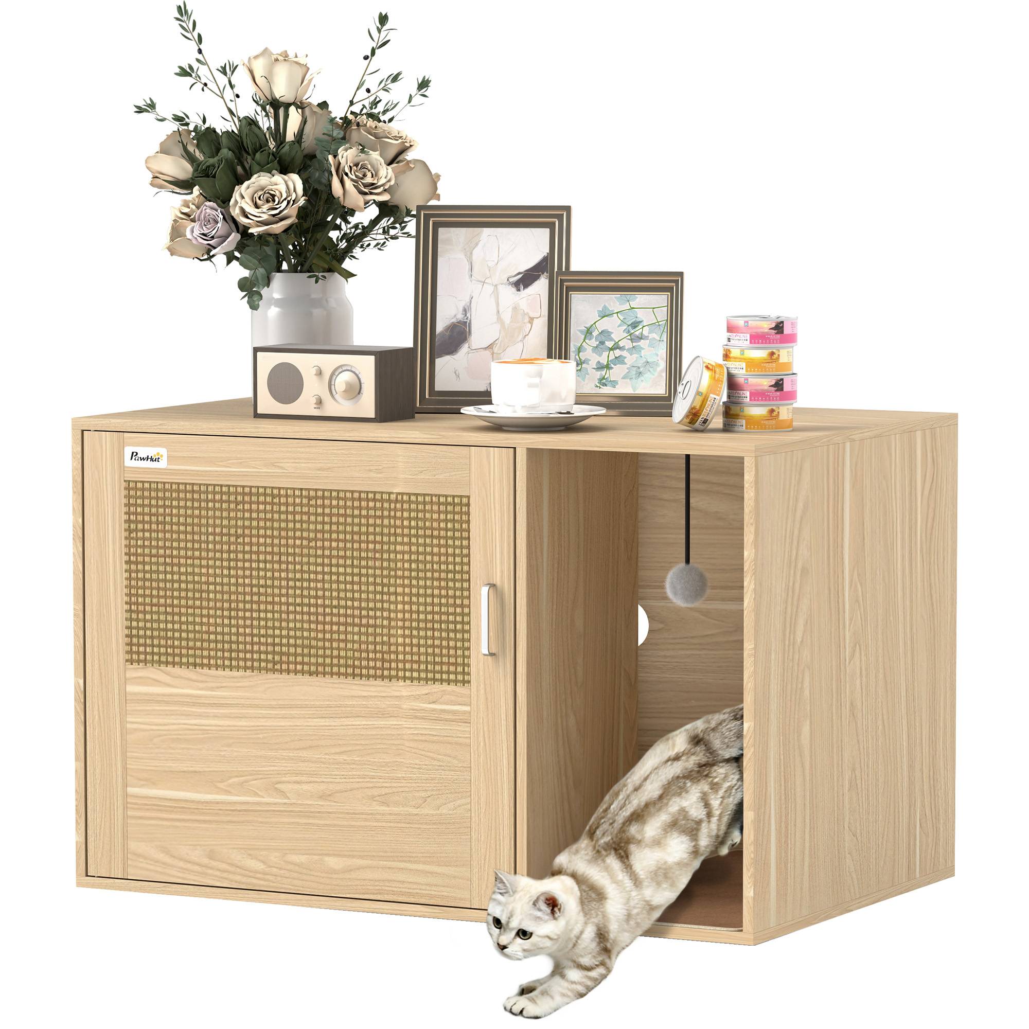 Meuble Litière pour Chat Style Bohème avec Porte en Rotin et Griffoir Finition Chêne 80x50cm - ComfortXL Outdoor Living - Image 1