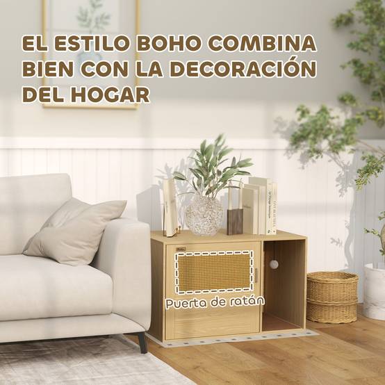 Meuble Litière pour Chat Style Bohème avec Porte en Rotin et Griffoir Finition Chêne 80x50cm - ComfortXL Outdoor Living - Image 8