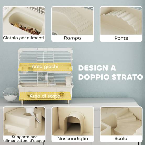Cage Acier PP Hamsters 2 Niveaux Ventilation Optimale Tubes 44x28x44cm Crème - ComfortXL Outdoor Living - Image 6