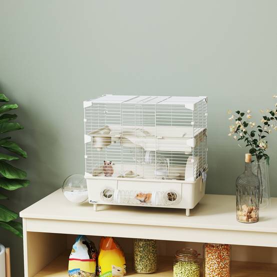 Cage Acier PP Hamsters 2 Niveaux Ventilation Optimale Tubes 44x28x44cm Crème - ComfortXL Outdoor Living - Image 4