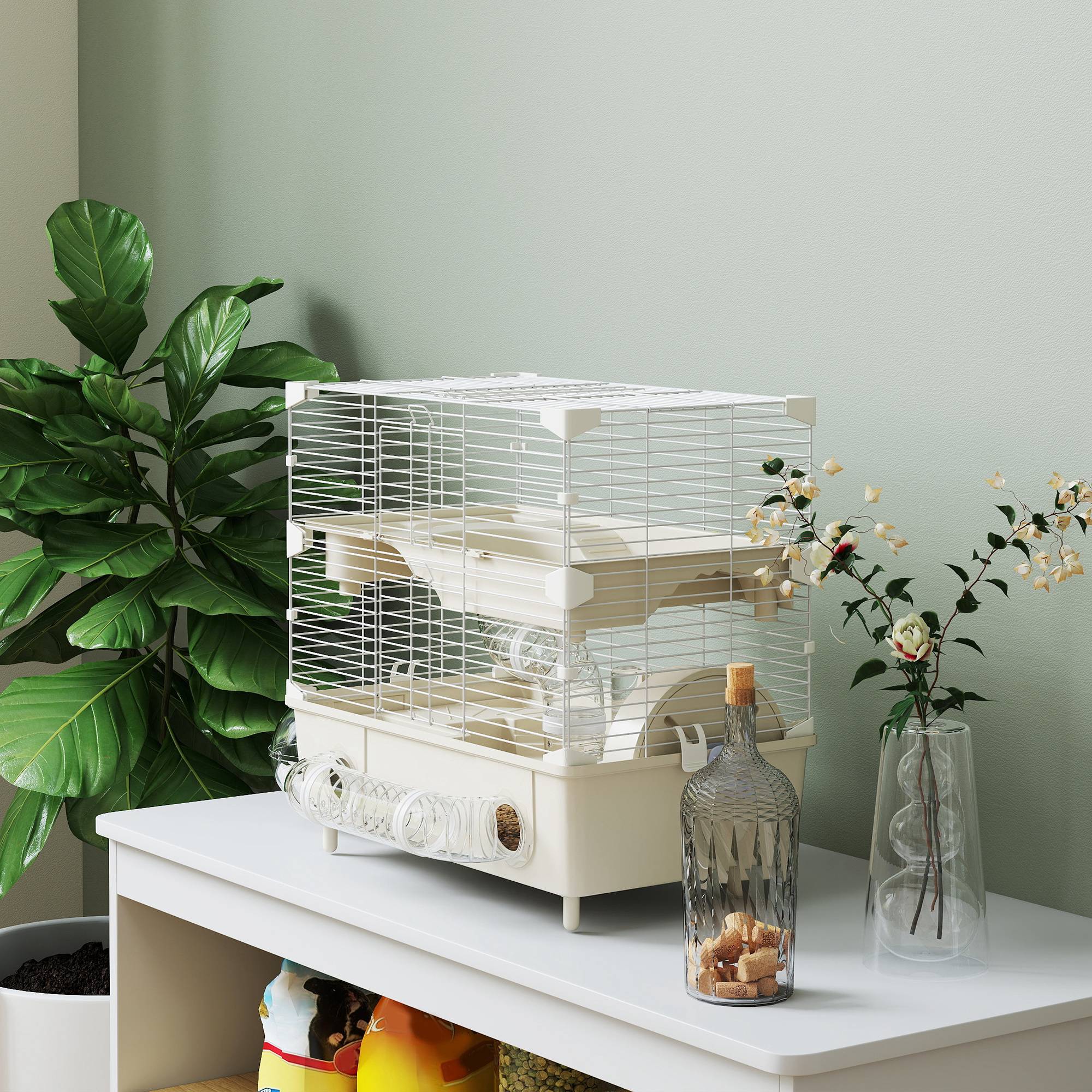 Cage Acier PP Hamsters 2 Niveaux Ventilation Optimale Tubes 44x28x44cm Crème - ComfortXL Outdoor Living - Image 9