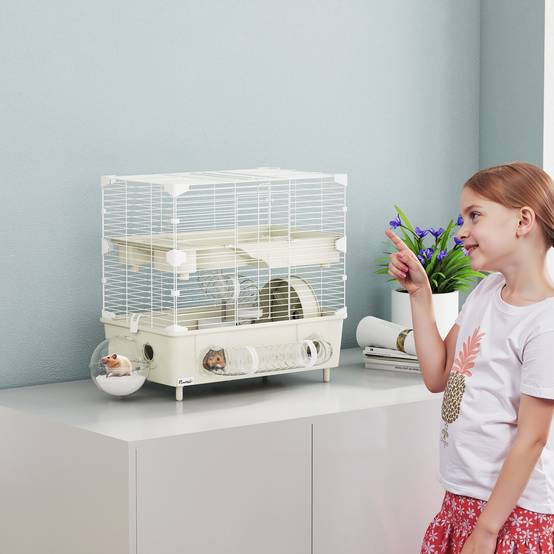 Cage Acier PP Hamsters 2 Niveaux Ventilation Optimale Tubes 44x28x44cm Crème - ComfortXL Outdoor Living - Image 3