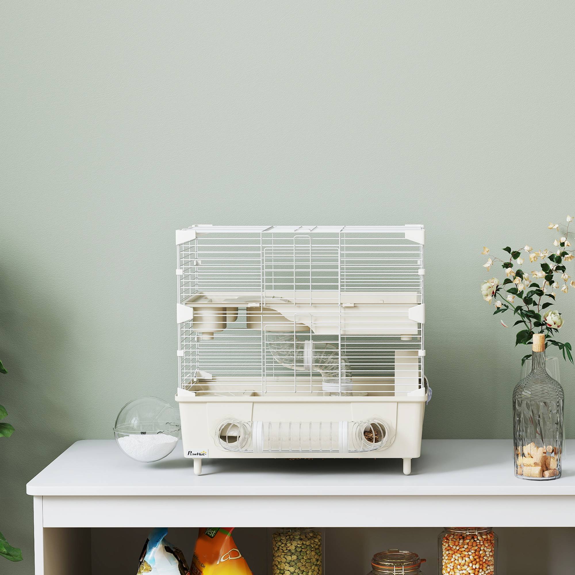 Cage Acier PP Hamsters 2 Niveaux Ventilation Optimale Tubes 44x28x44cm Crème - ComfortXL Outdoor Living - Image 10