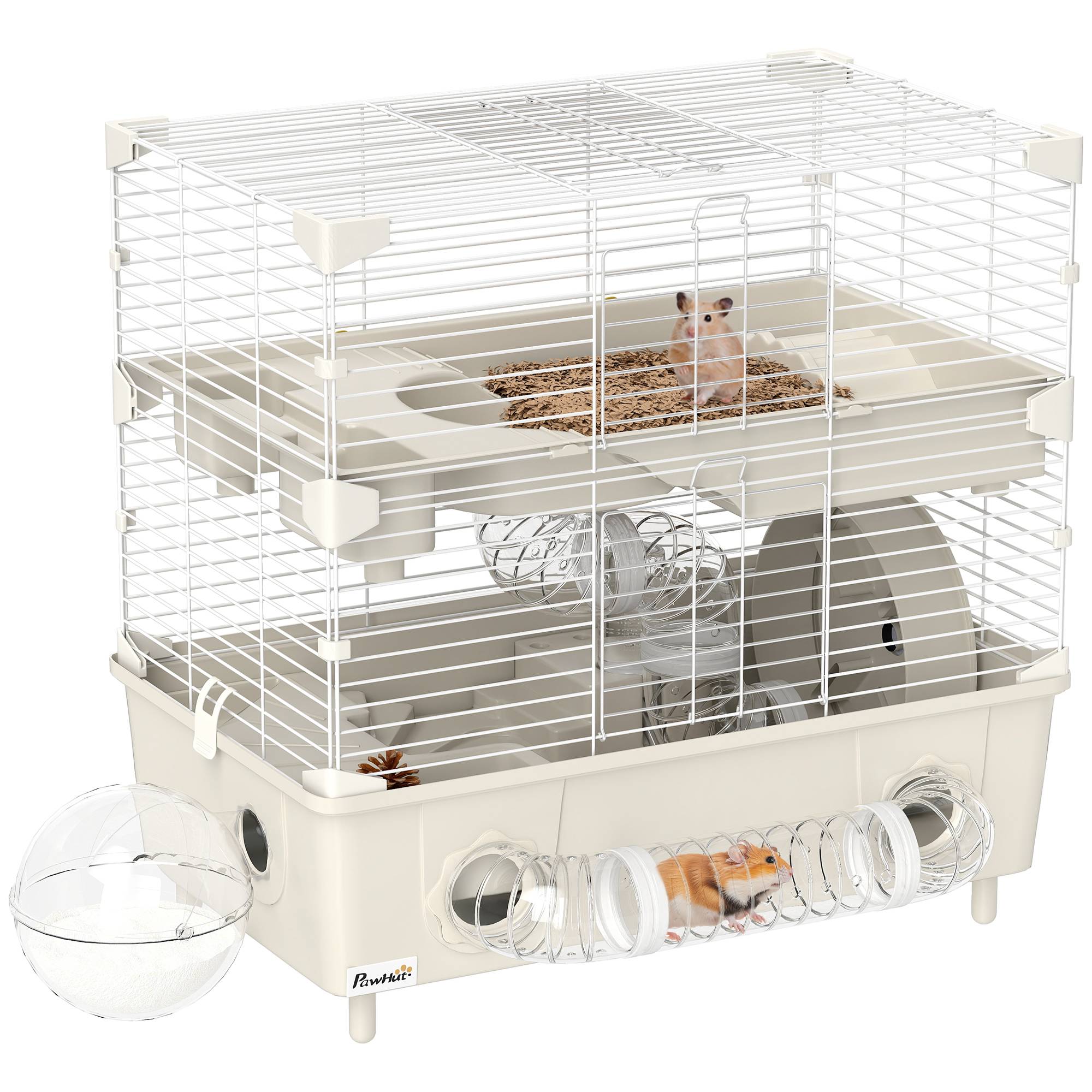 Cage Acier PP Hamsters 2 Niveaux Ventilation Optimale Tubes 44x28x44cm Crème - ComfortXL Outdoor Living