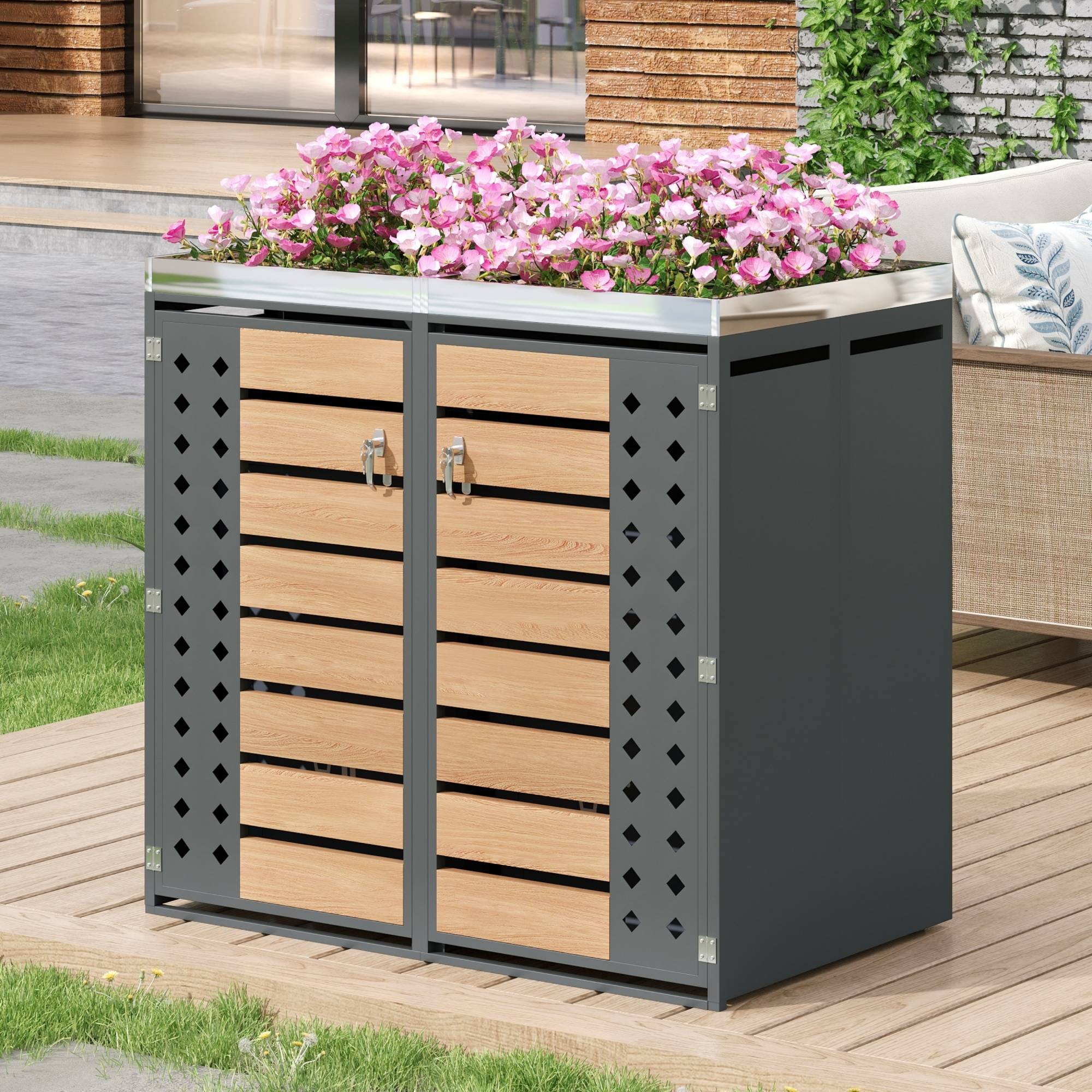 ComfortXL - Cache-poubelle double Acier galvanisé Jardin Jardinière intégrée 132x80x124cm Gris - ComfortXL Outdoor Living - Image 1