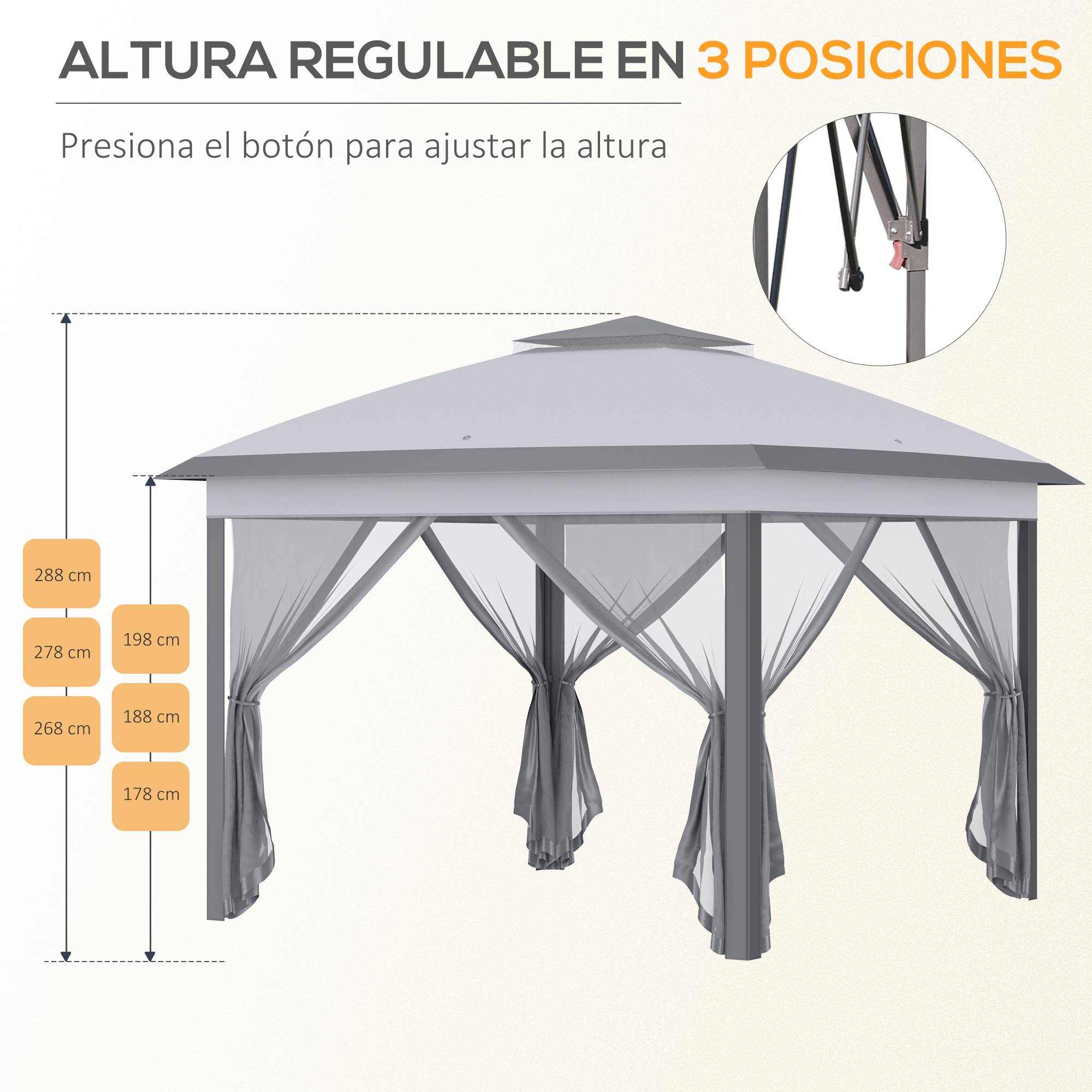 Tente pliante 3,3 x 3,3 m à hauteur réglable, double toit, 4 moustiquaires amovibles et sac de transport anti-UV, grise - Image 8