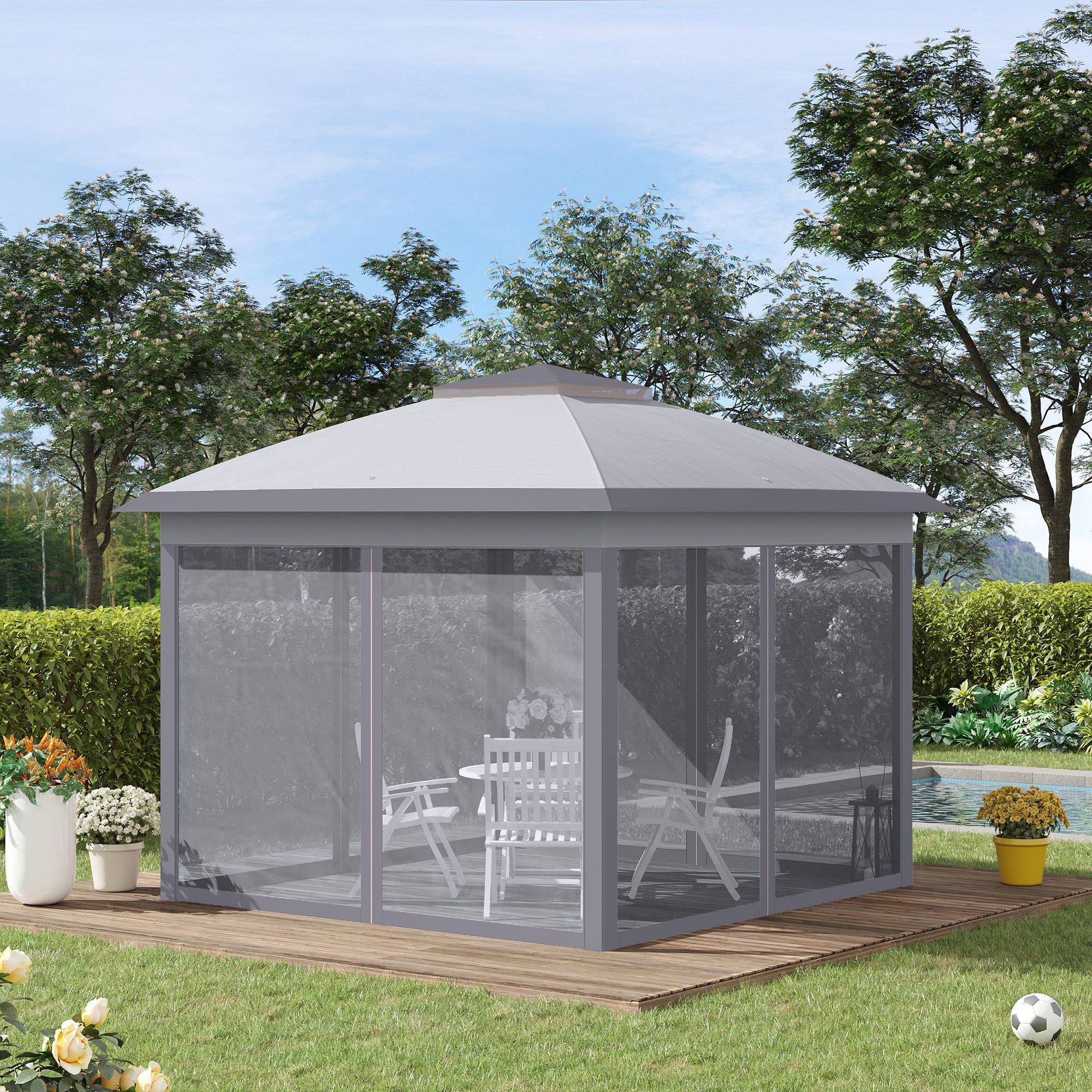 Tente pliante 3,3 x 3,3 m à hauteur réglable, double toit, 4 moustiquaires amovibles et sac de transport anti-UV, grise - Image 3