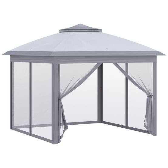 Tente pliante 3,3 x 3,3 m à hauteur réglable, double toit, 4 moustiquaires amovibles et sac de transport anti-UV, grise - Image 2