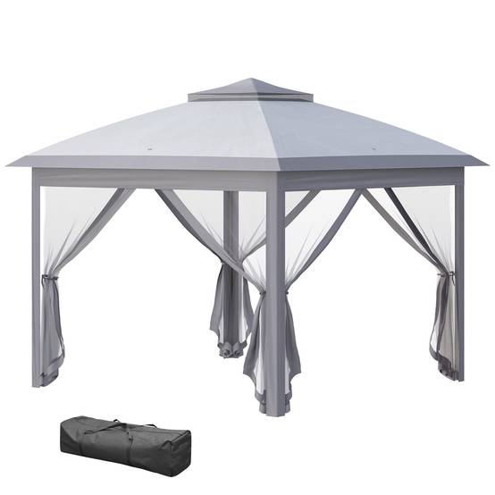 Tente pliante 3,3 x 3,3 m à hauteur réglable, double toit, 4 moustiquaires amovibles et sac de transport anti-UV, grise - Image 1
