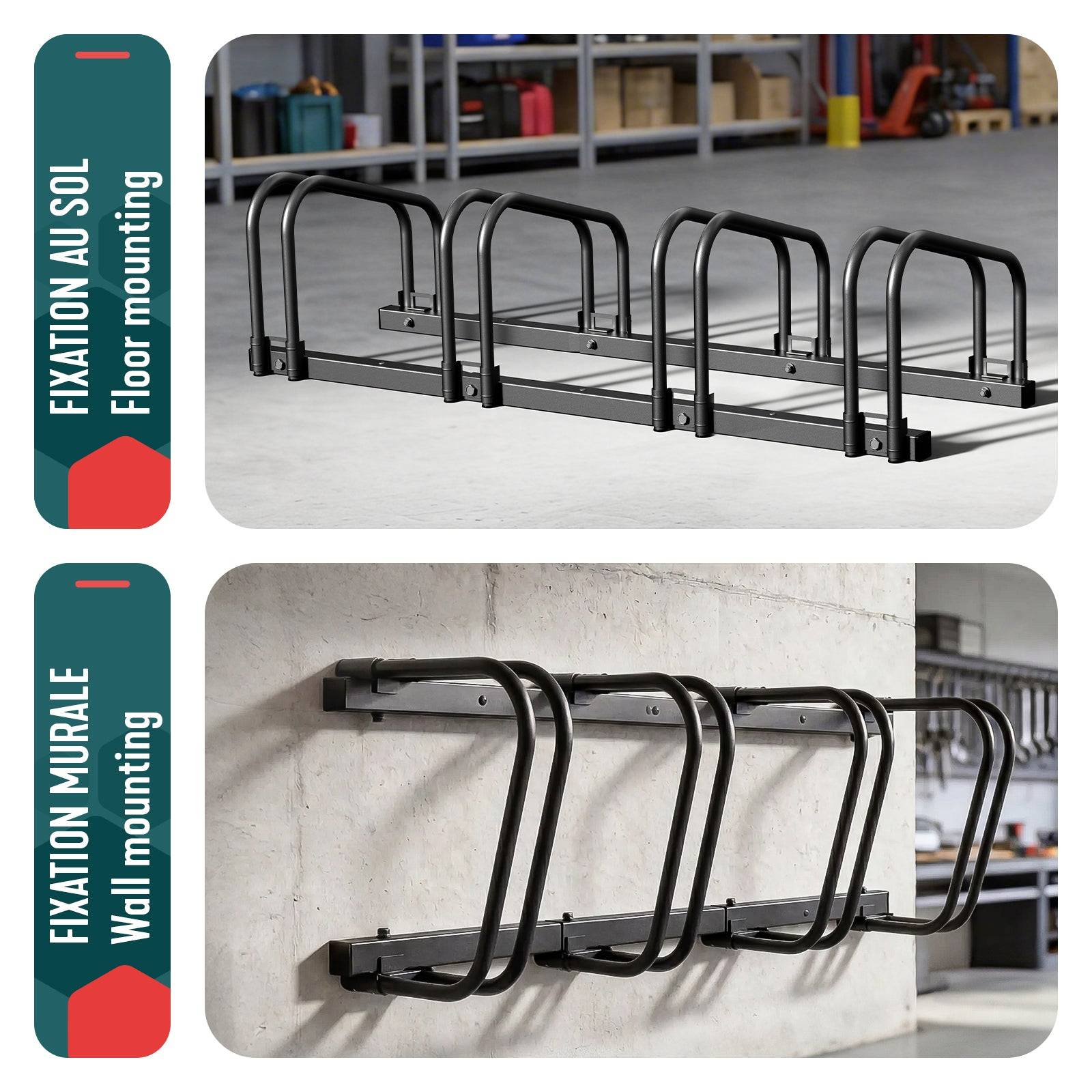 Râtelier range vélos - Support pour 4 vélos - Mural ou au sol - Porte-vélo en acier revêtu noir - VOUNOT® - Image 4
