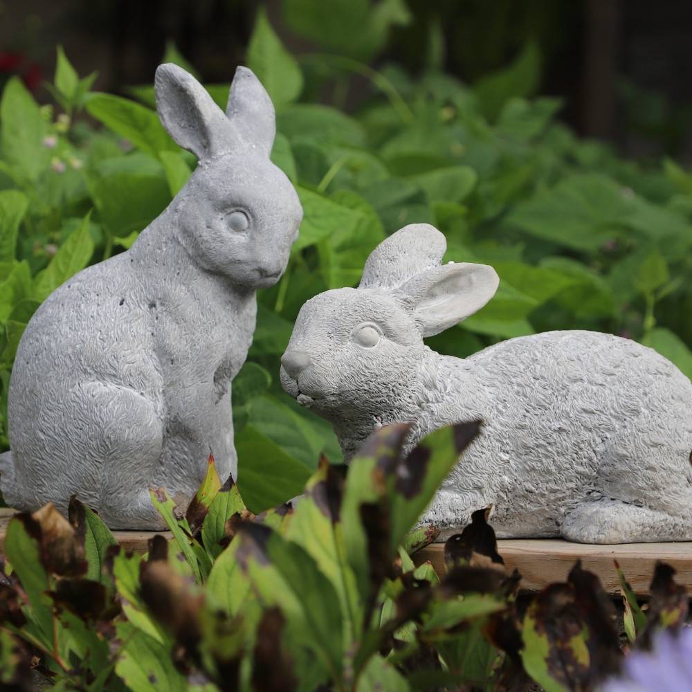Lapin de jardin couché en béton gris 30 x 14 x 19 cm Chemin de campagne - Image 5