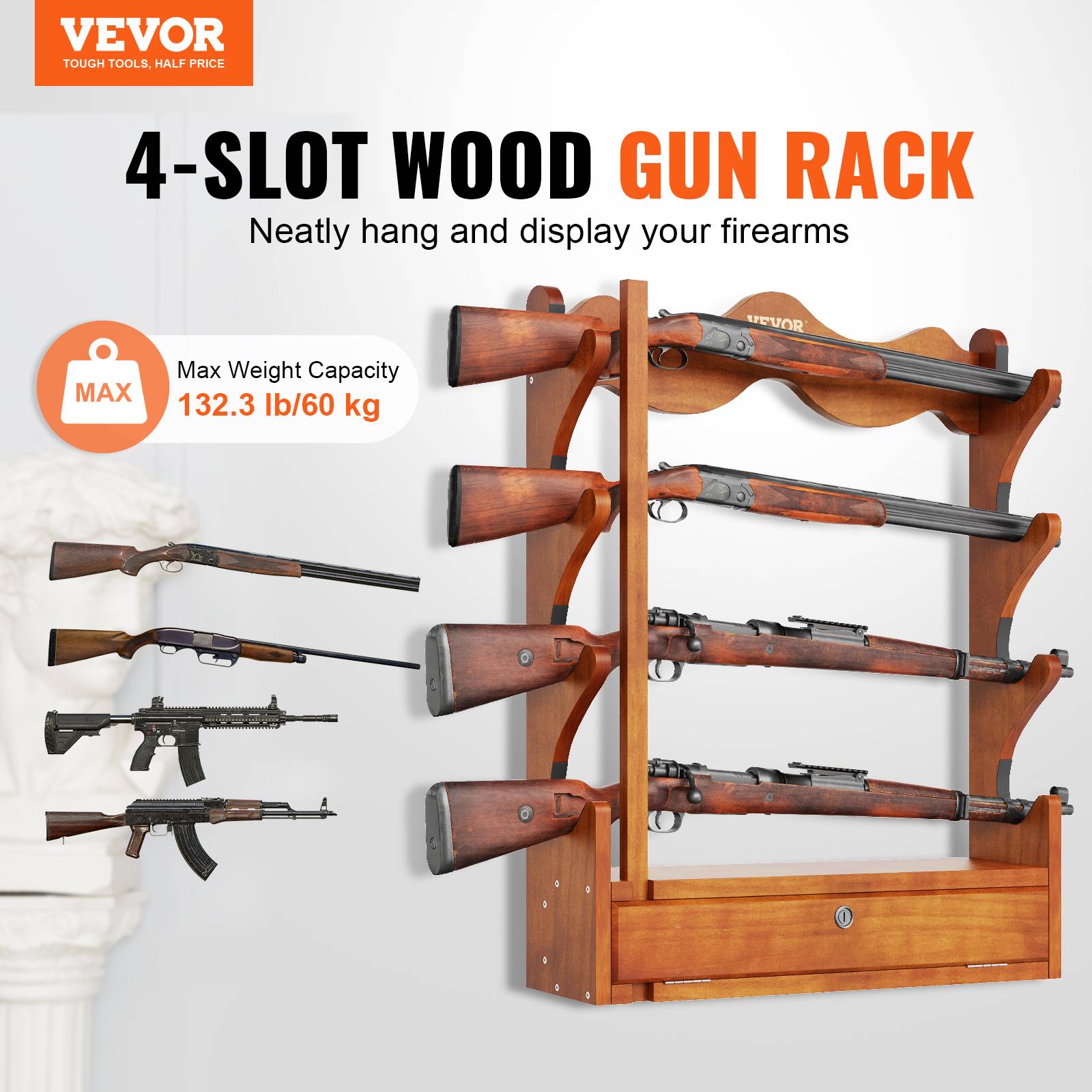 Vevor - VEVOR Support mural arme à feu, bois, 4 fusils. Charge 60 kg, rembourrage doux. Exposition, rangement. - Image 2
