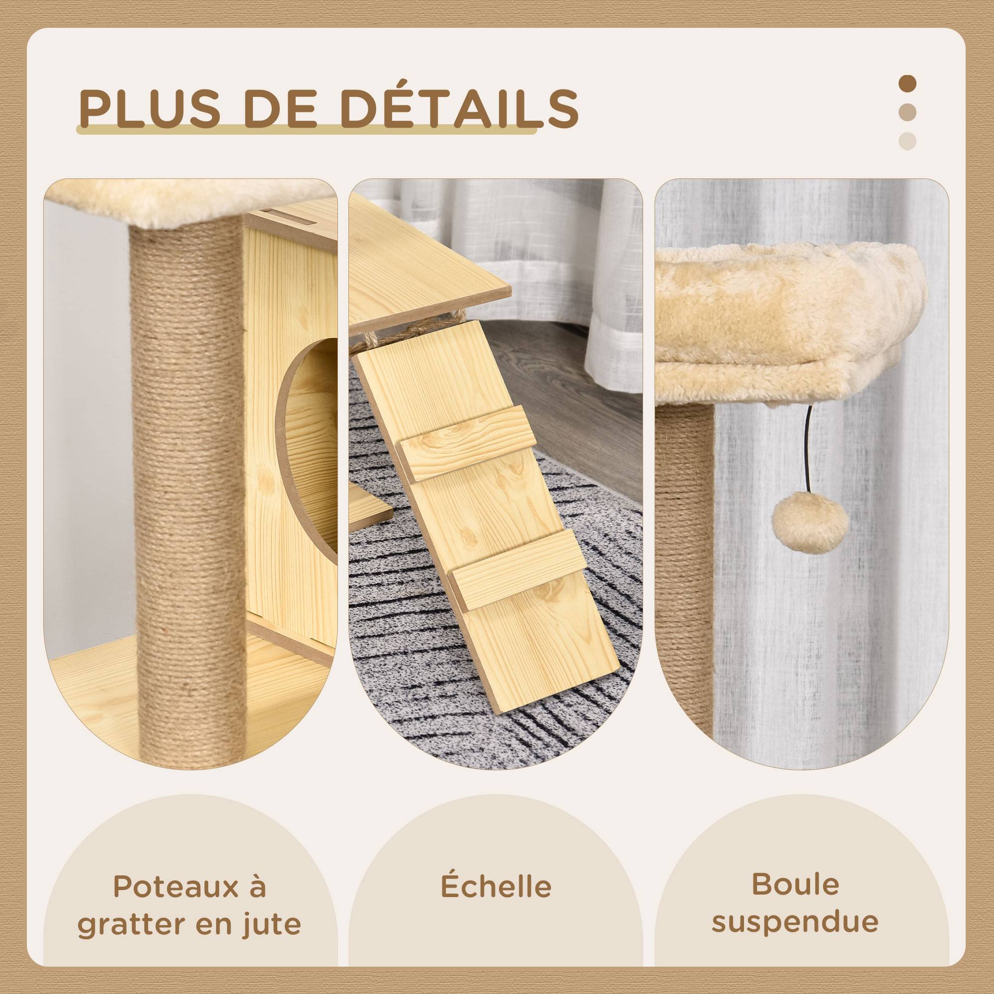 Sans Marque - Arbre à chats design contemporain griffoirs grattoirs sisal naturel niche plate-formes hamac boule beige - Image 7