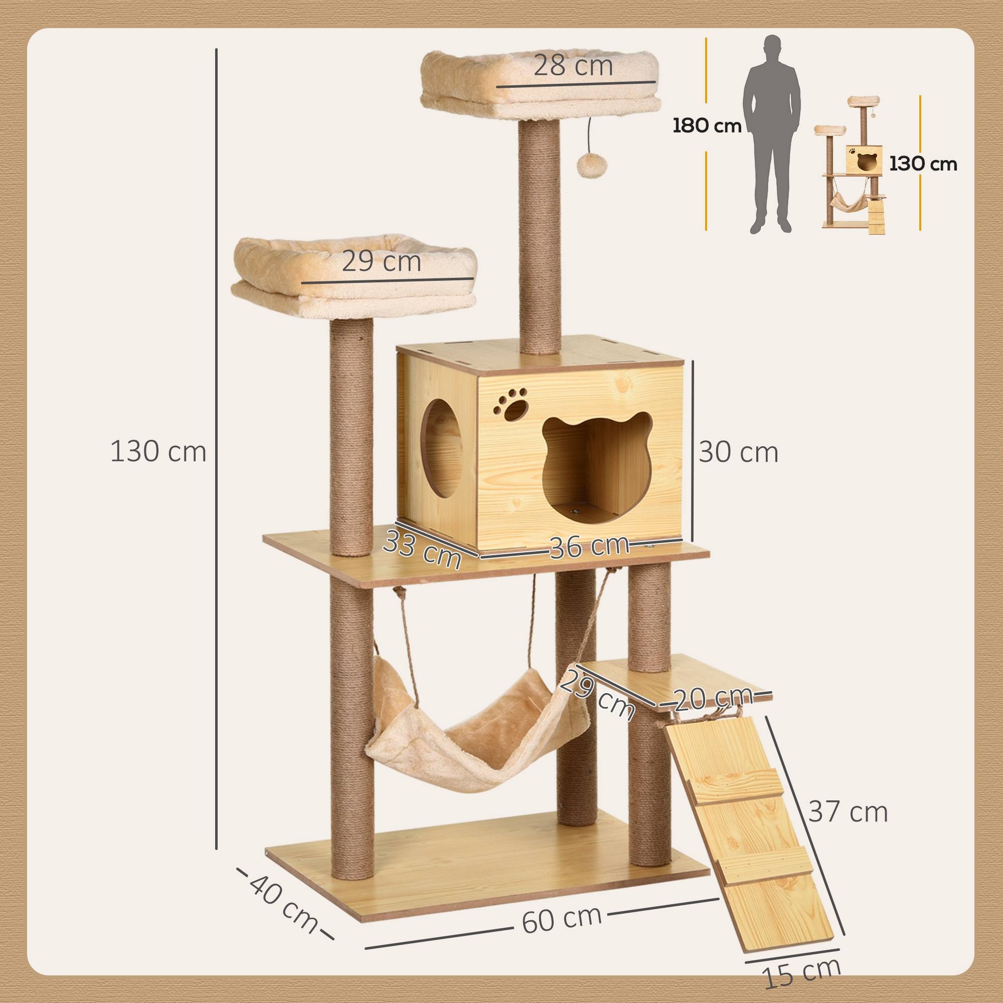 Sans Marque - Arbre à chats design contemporain griffoirs grattoirs sisal naturel niche plate-formes hamac boule beige - Image 5