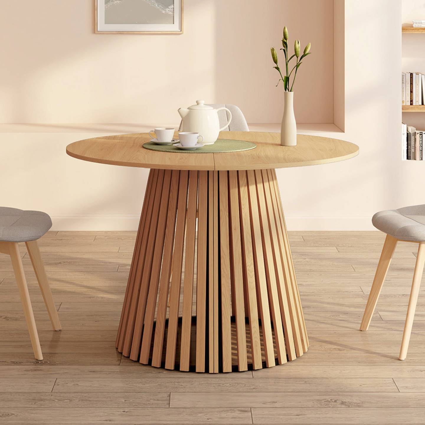 Table à manger extensible ronde CARMEN 4-10 personnes pied bois en lattes et plateau bois 110-200 cm - Image 4