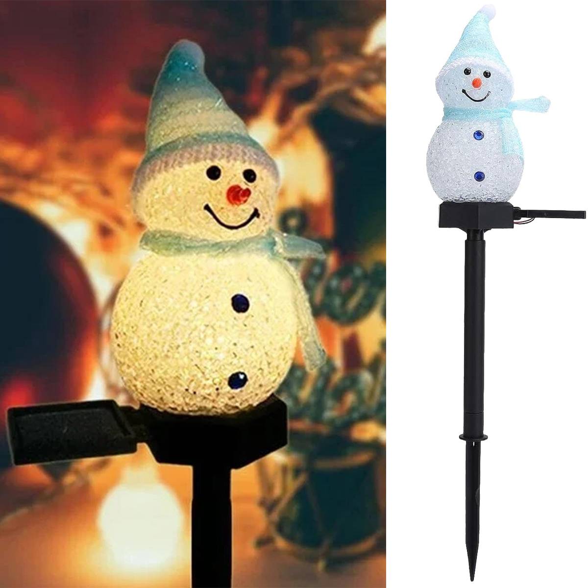 Lumière solaire de bonhomme de neige de noël avec piquet, lumières solaires de chemin de noël, décoration extérieure pour cour, jardin, pelouse-bleu - Image 1