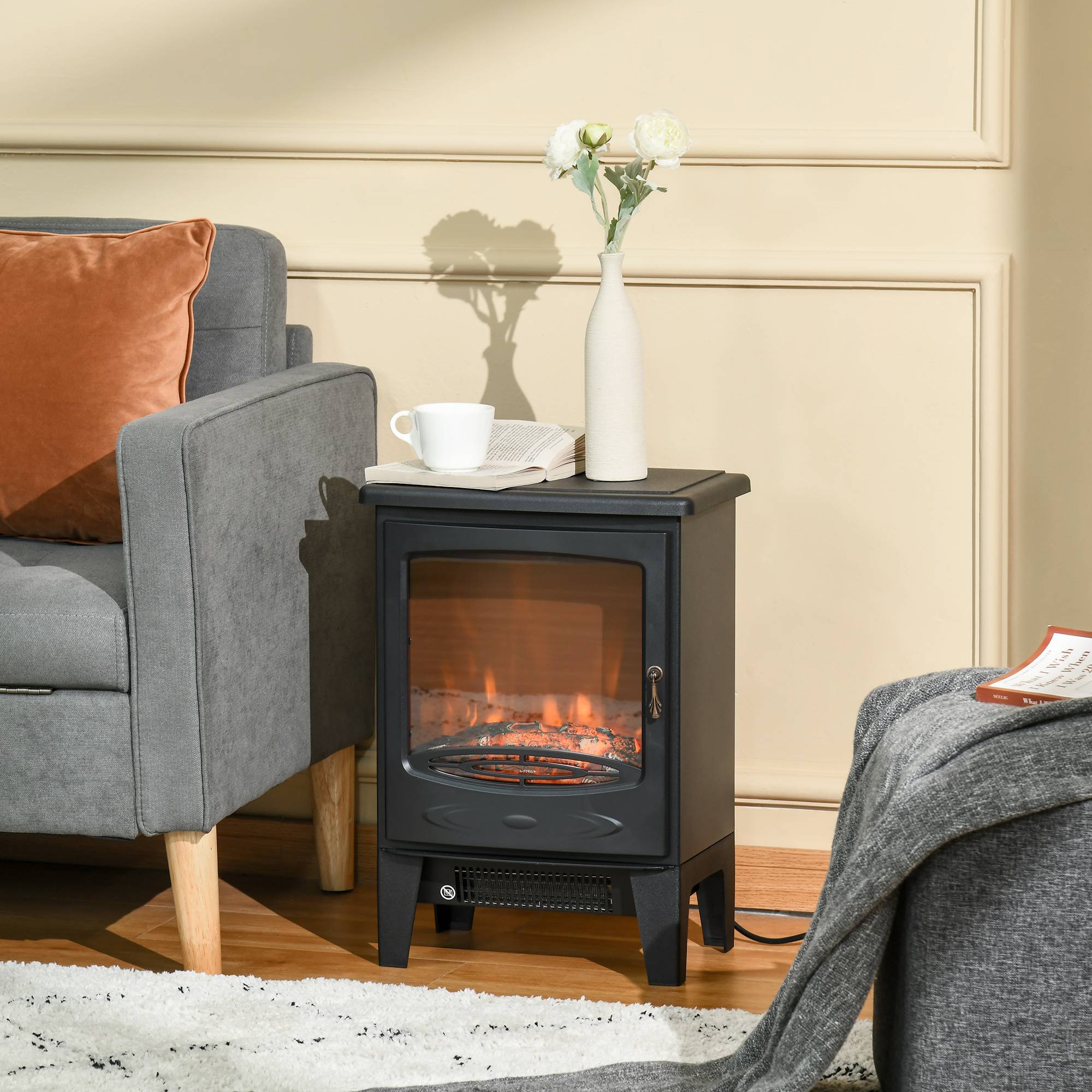 Sans Marque - Cheminée électrique à LED sur pied avec effet de flammes 900/1800W Noir - Image 3