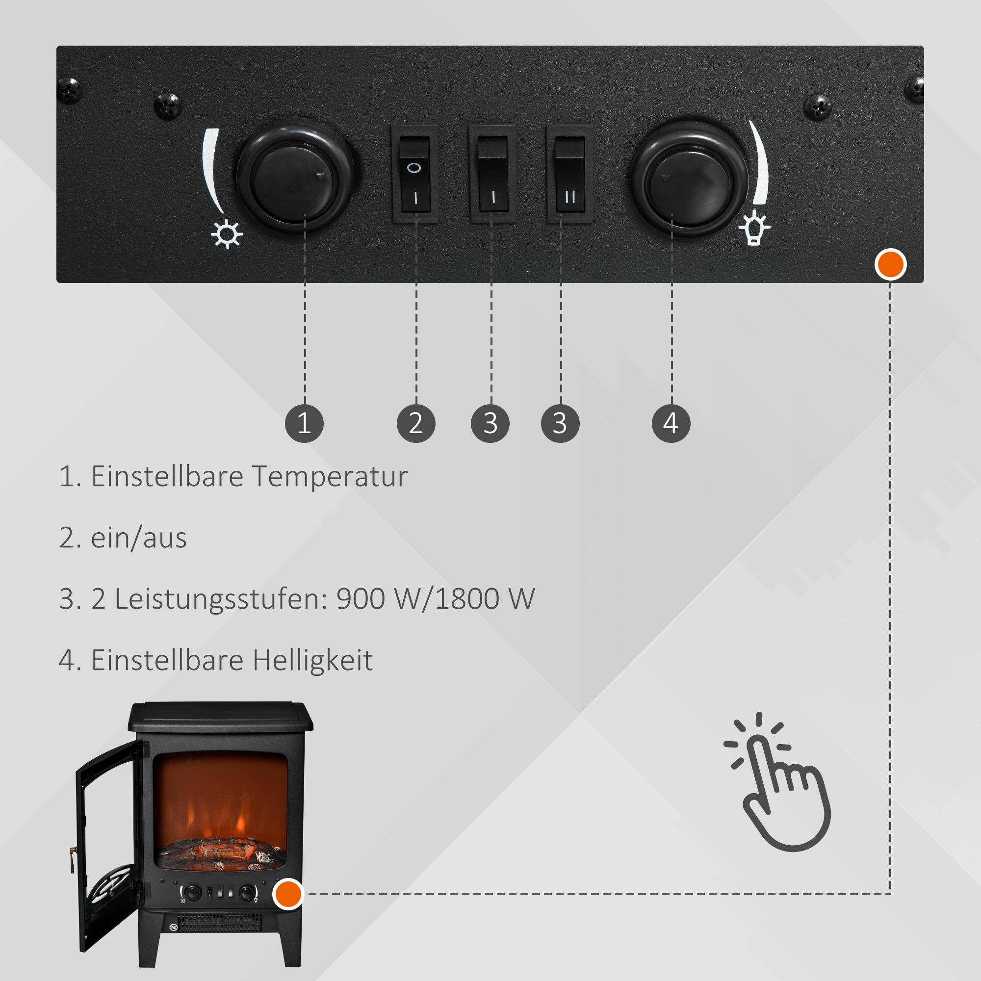 Sans Marque - Cheminée électrique à LED sur pied avec effet de flammes 900/1800W Noir - Image 7