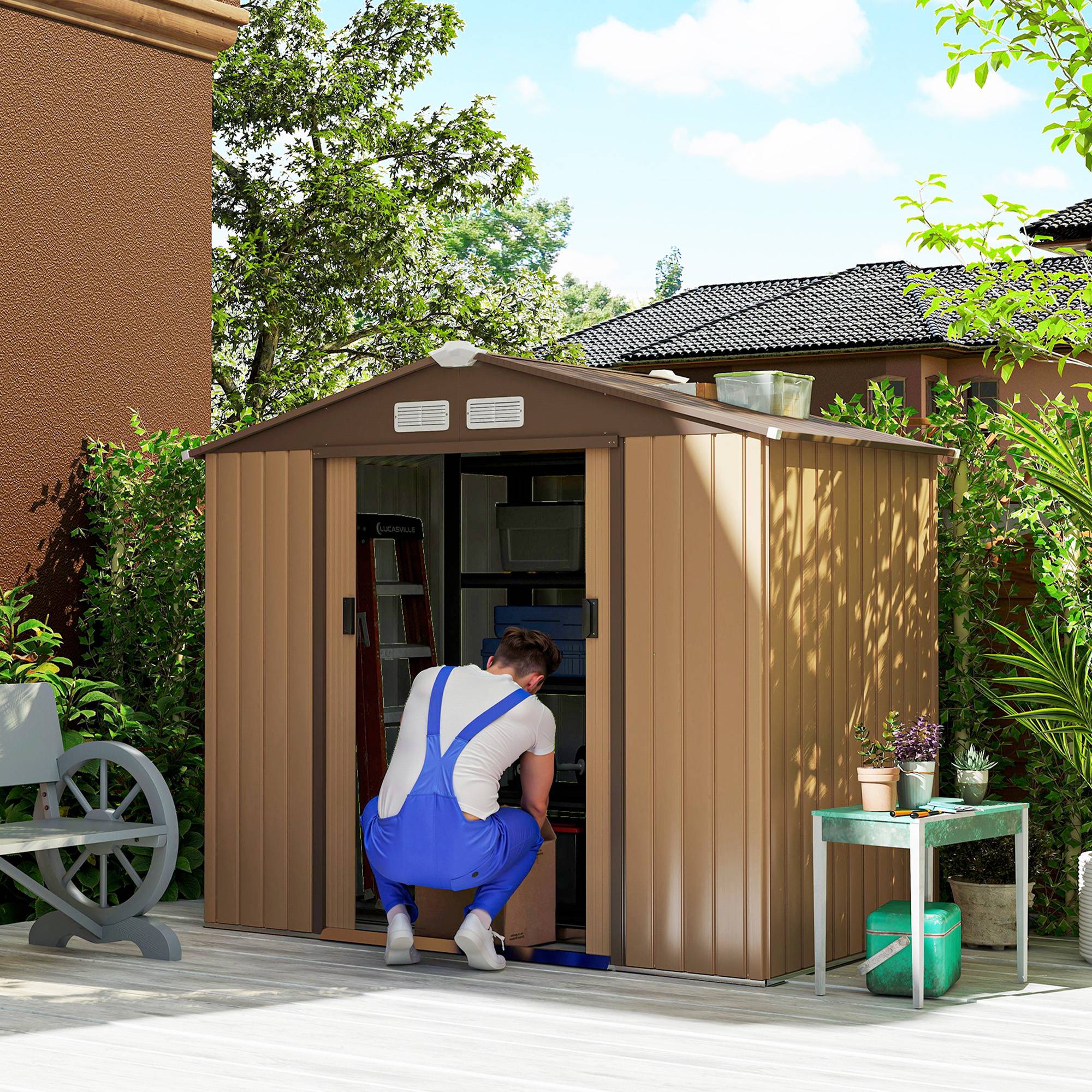 Abri de jardin métal portes coulissantes 2,13x1,30x1,85 m jaune, cabanon extérieur rangement outils jardin - Image 3
