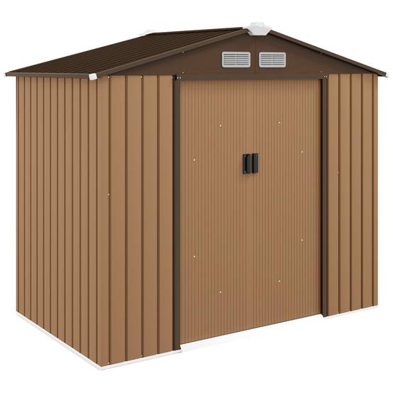 Abri de jardin métal portes coulissantes 2,13x1,30x1,85 m jaune, cabanon extérieur rangement outils jardin - Image 1