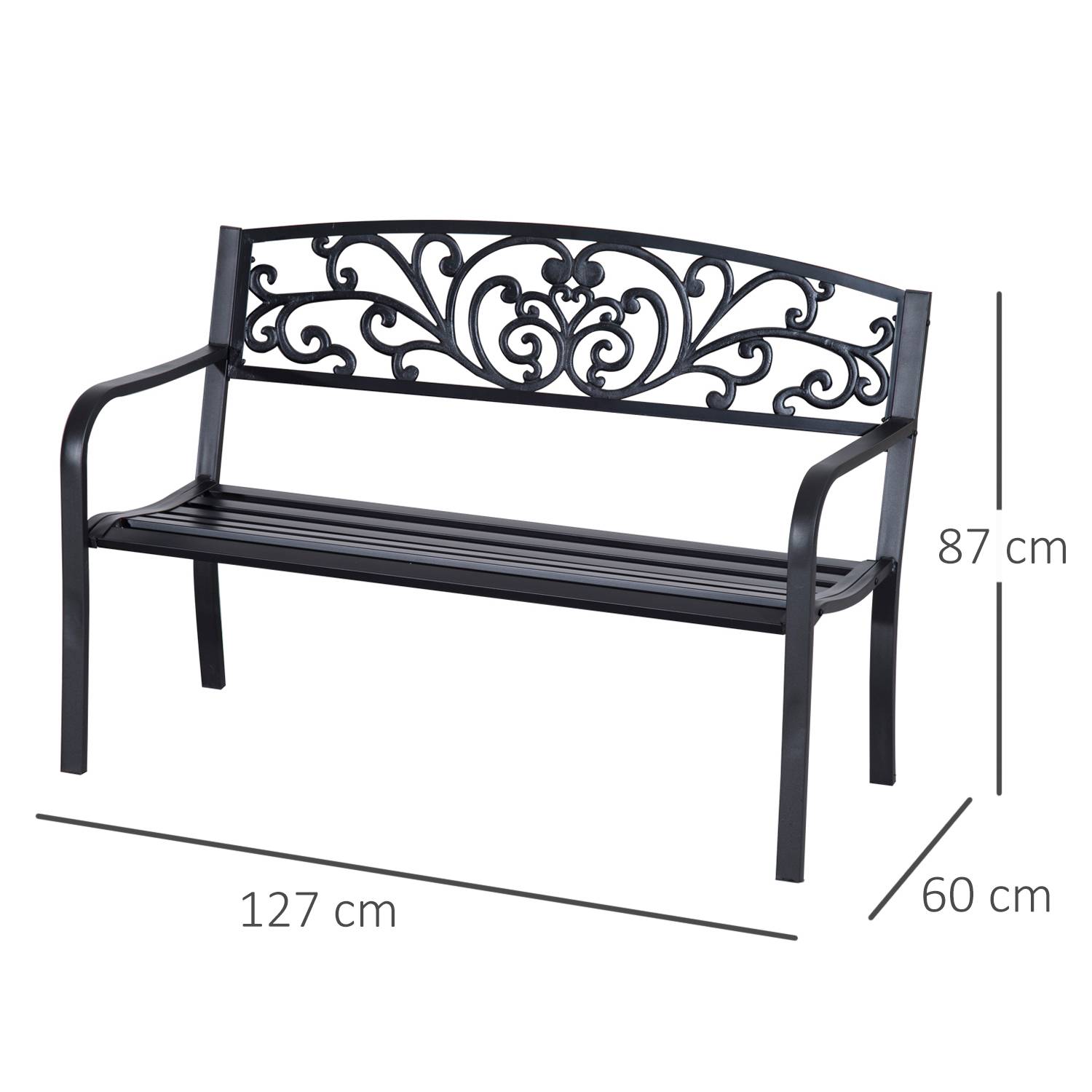 Sans Marque - Banc de Jardin terrasse en Acier Fonte Noir 2 Places 127 x 60 x 87 cm Charge Max 240 Kg - Image 5
