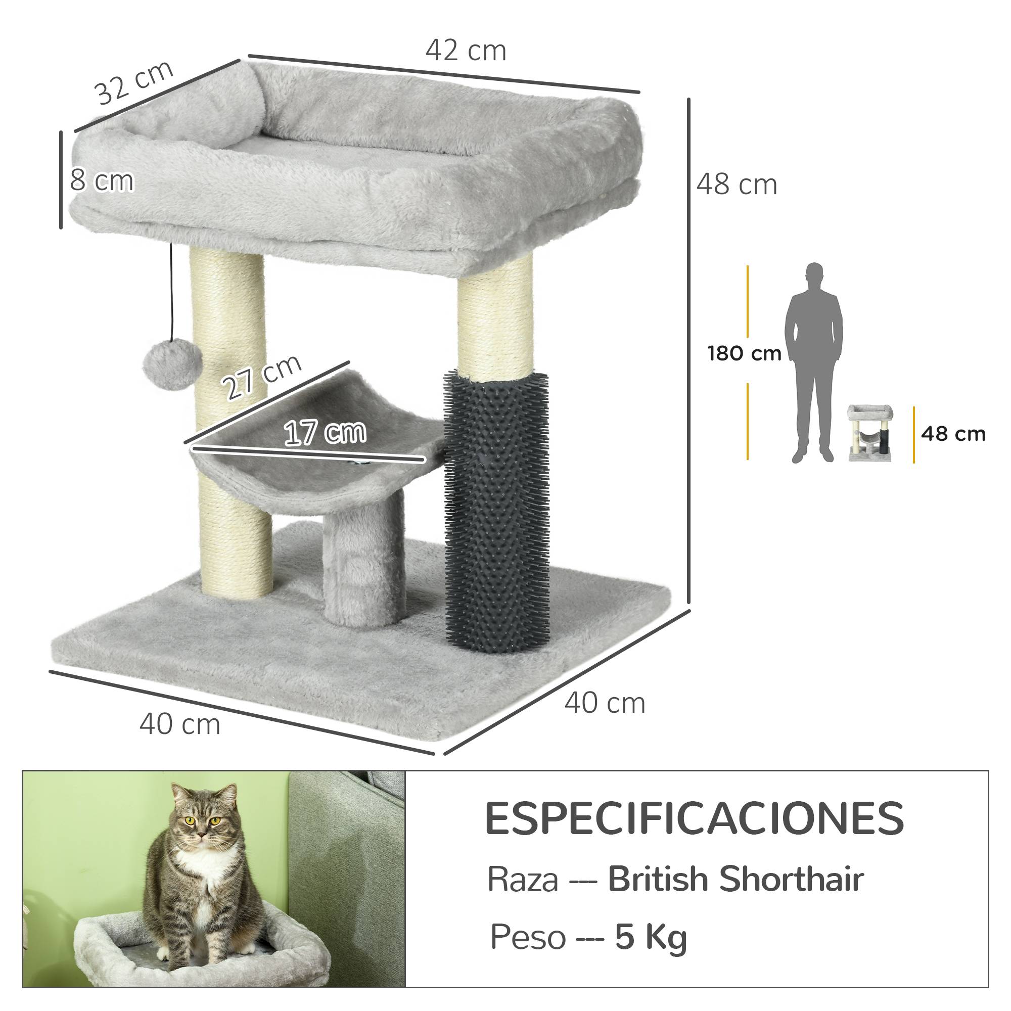 Arbre à chat avec couchage, perchoir, griffoir en sisal et système autonettoyant, design moderne et compact, 40 x 40 x 48 cm, gris - Image 5