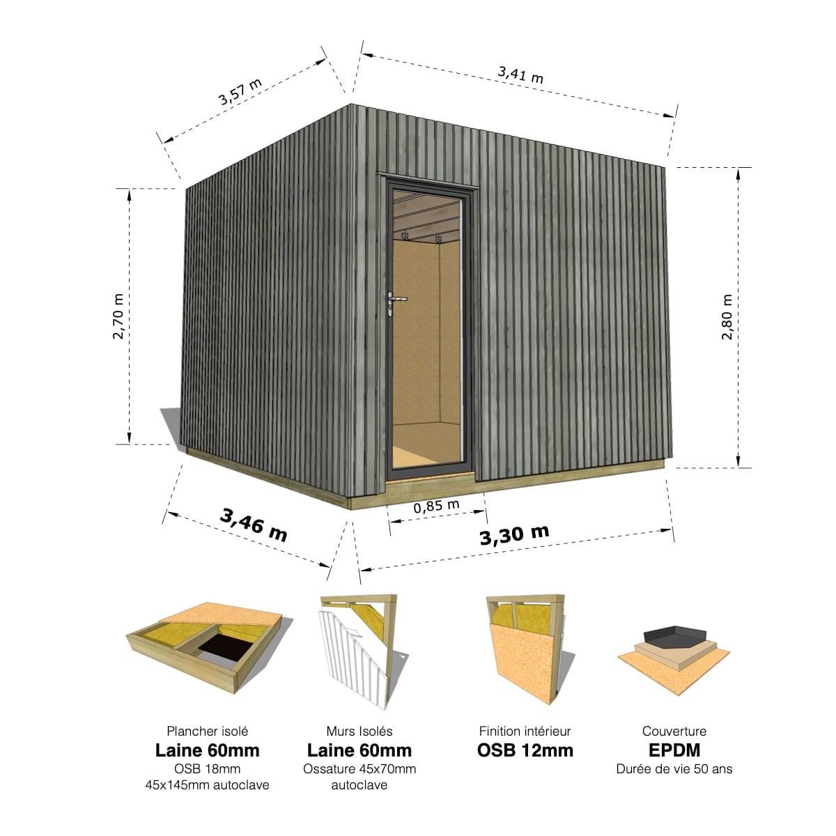 Sans Marque - STUDIO DE JARDIN / 11,8 m2 - 3,35 x 3,52m / Plancher isolé / Bardage Gris / Intérieur OSB / Livraison Gratuite / Studio Français - Image 1