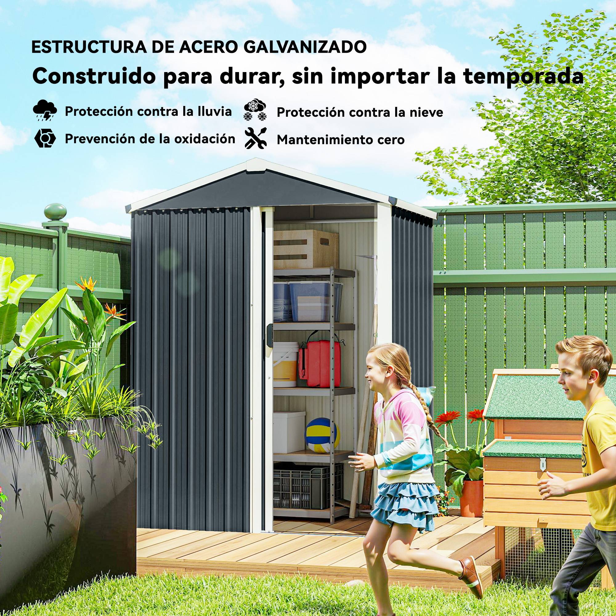 Abri de jardin extérieur 1,1 m² (136 x 87 x 176 cm) avec porte coulissante, toit en pente et moustiquaires, gris foncé - Image 6