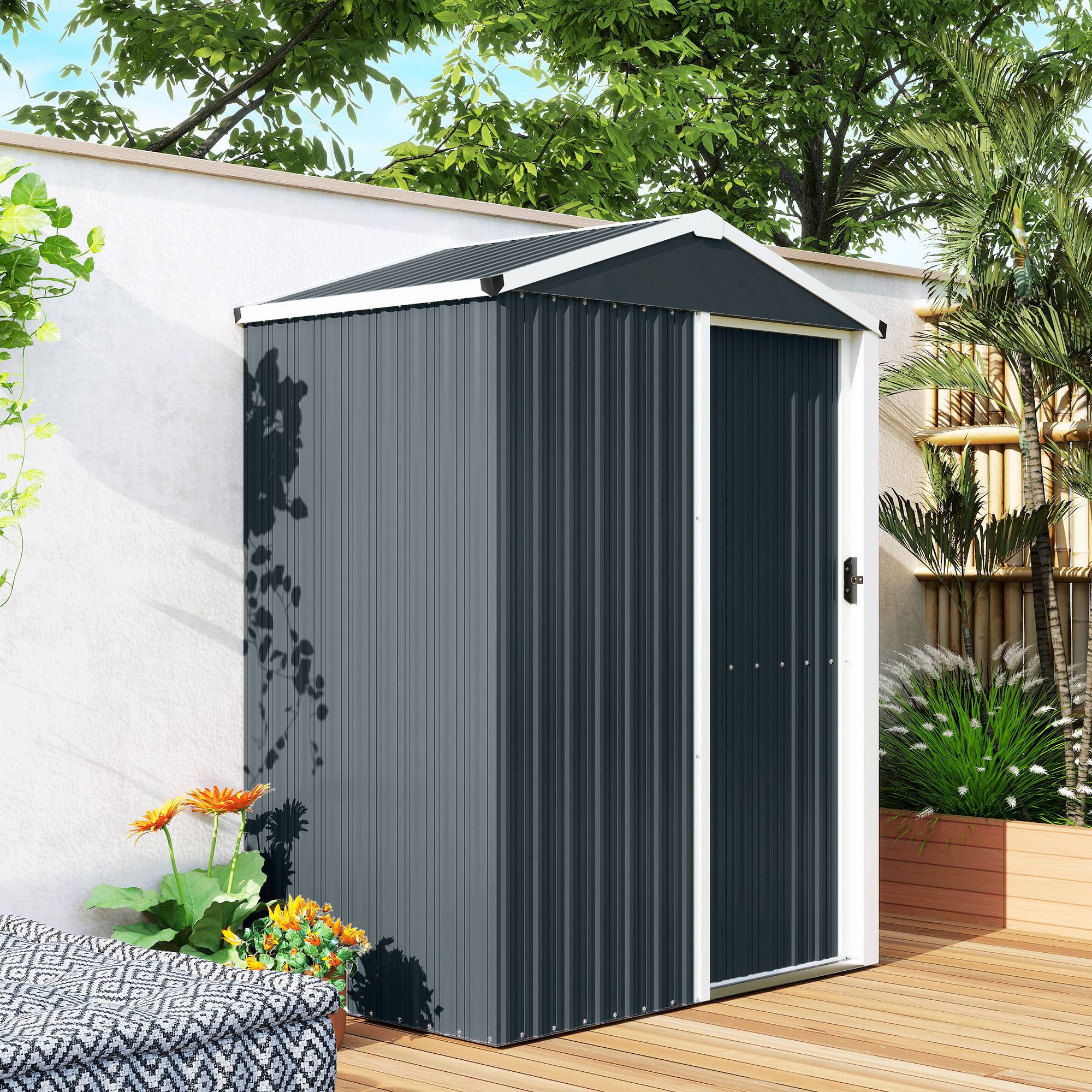 Abri de jardin extérieur 1,1 m² (136 x 87 x 176 cm) avec porte coulissante, toit en pente et moustiquaires, gris foncé - Image 10
